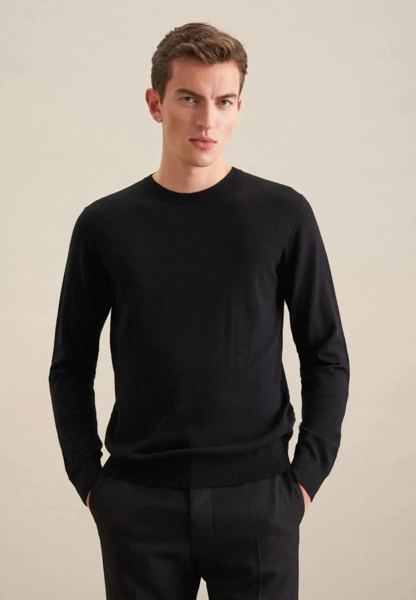 Seidensticker Merino Wool Crewneck Knit Black - 01.251600-39-S - seidensticker.co.uk