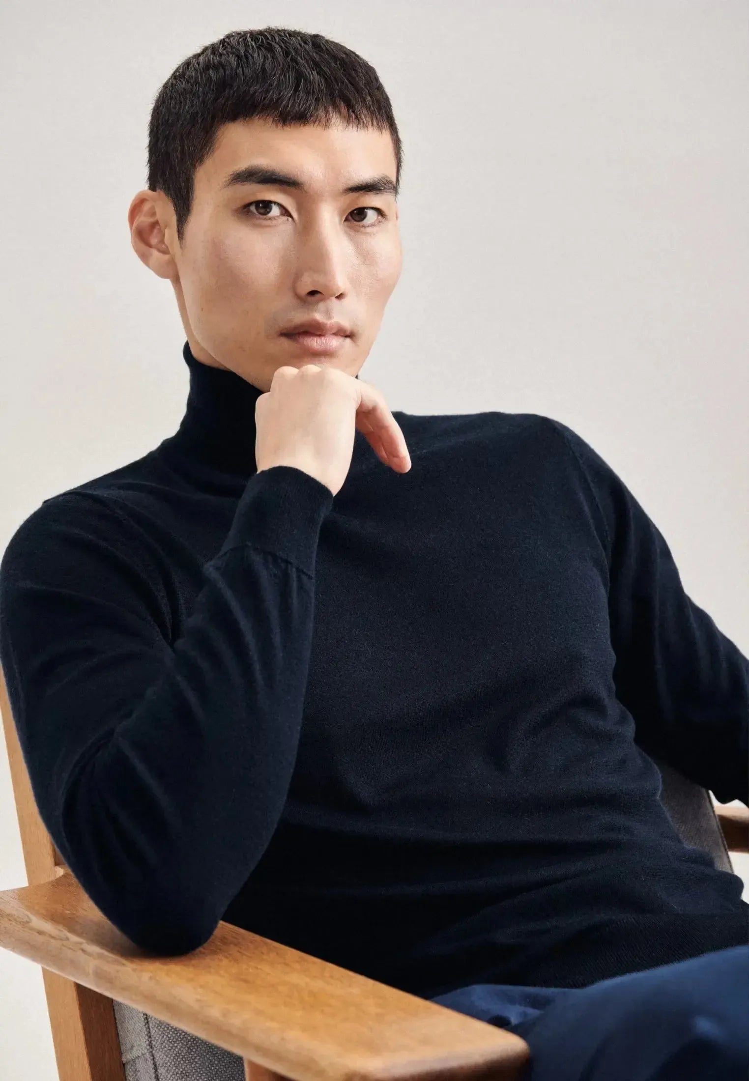 Merino Wool Roll Neck Knit Dark Blue-seidensticker uk