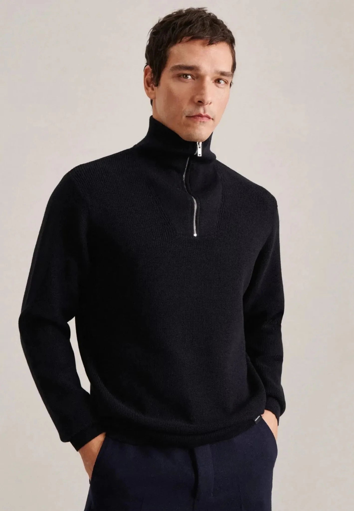 Seidensticker UK - Merino Wool Stand Collar 1/4 Zip Knit Dark Blue - 01.143011-19-S