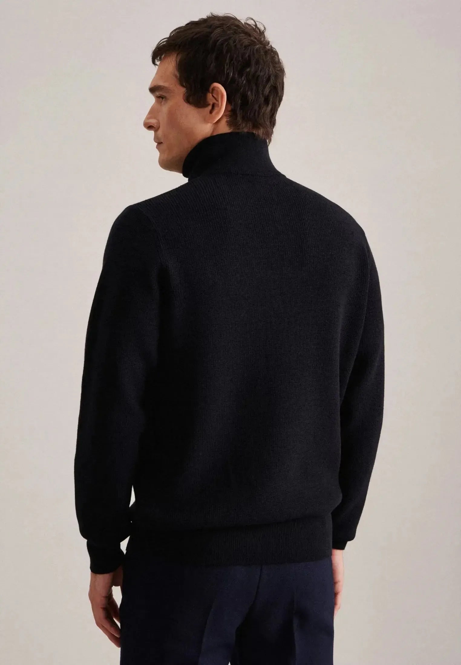 Merino Wool Stand Collar 1/4 Zip Knit Dark Blue-seidensticker uk