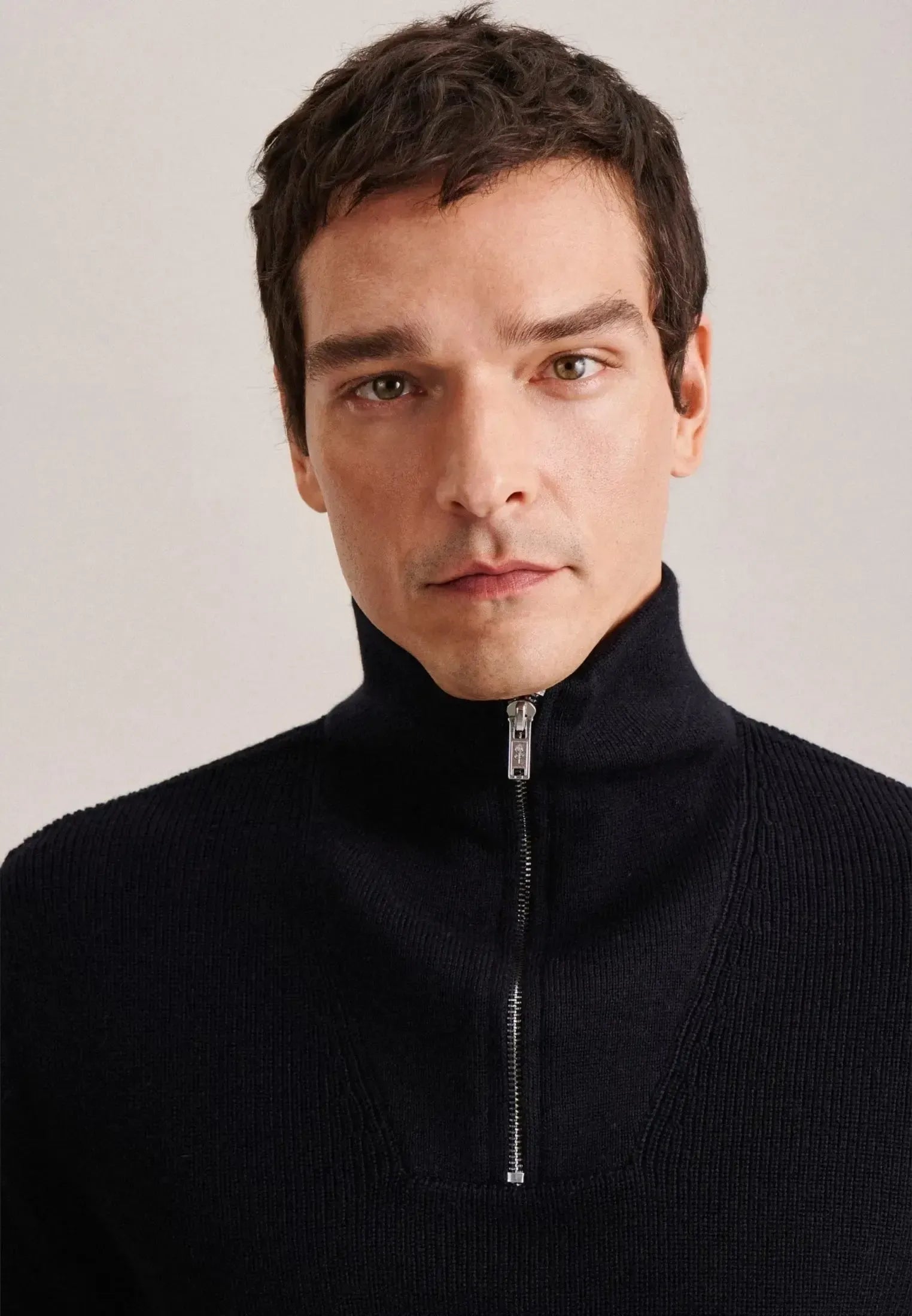 Merino Wool Stand Collar 1/4 Zip Knit Dark Blue-seidensticker uk