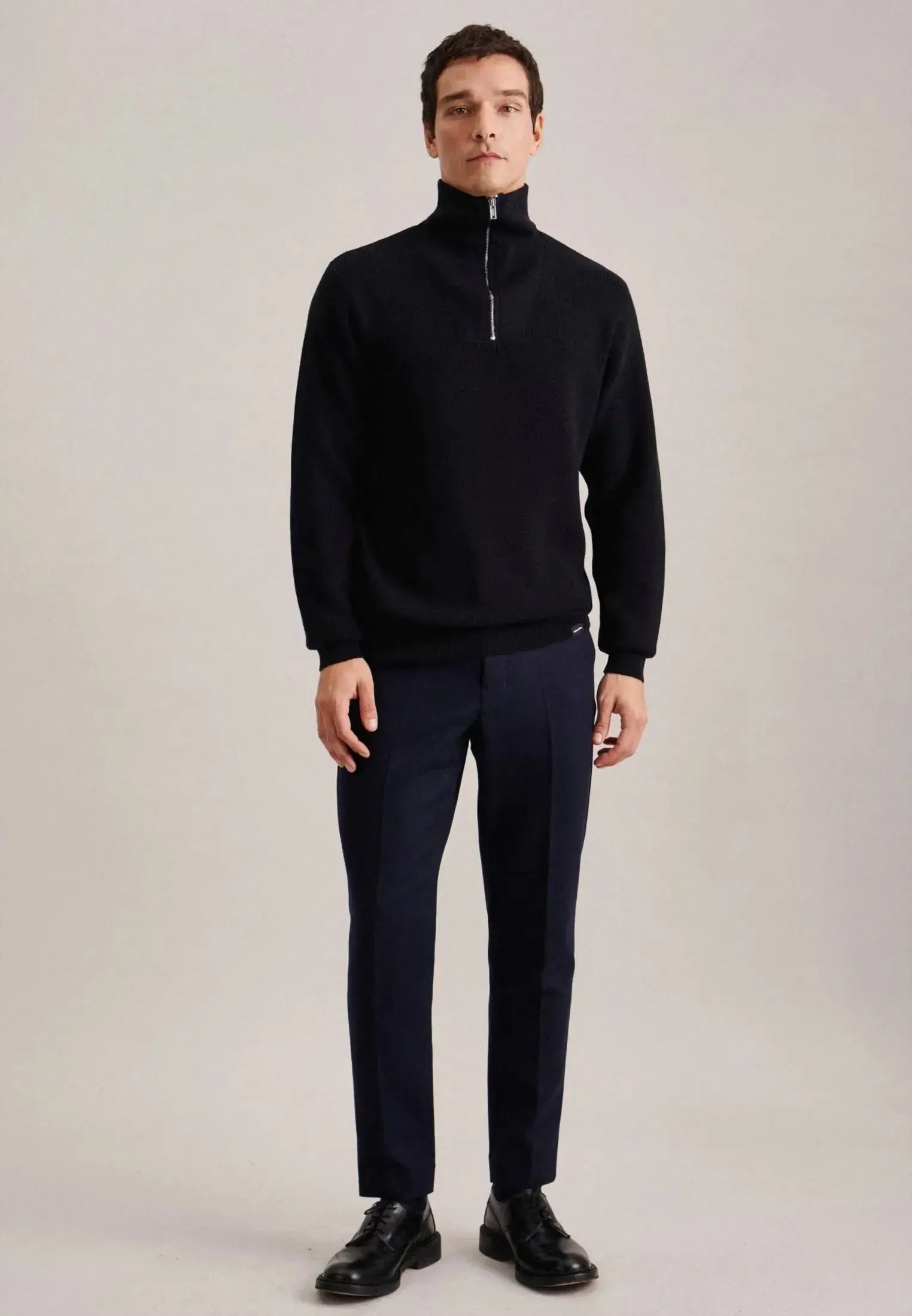Merino Wool Stand Collar 1/4 Zip Knit Dark Blue-seidensticker uk