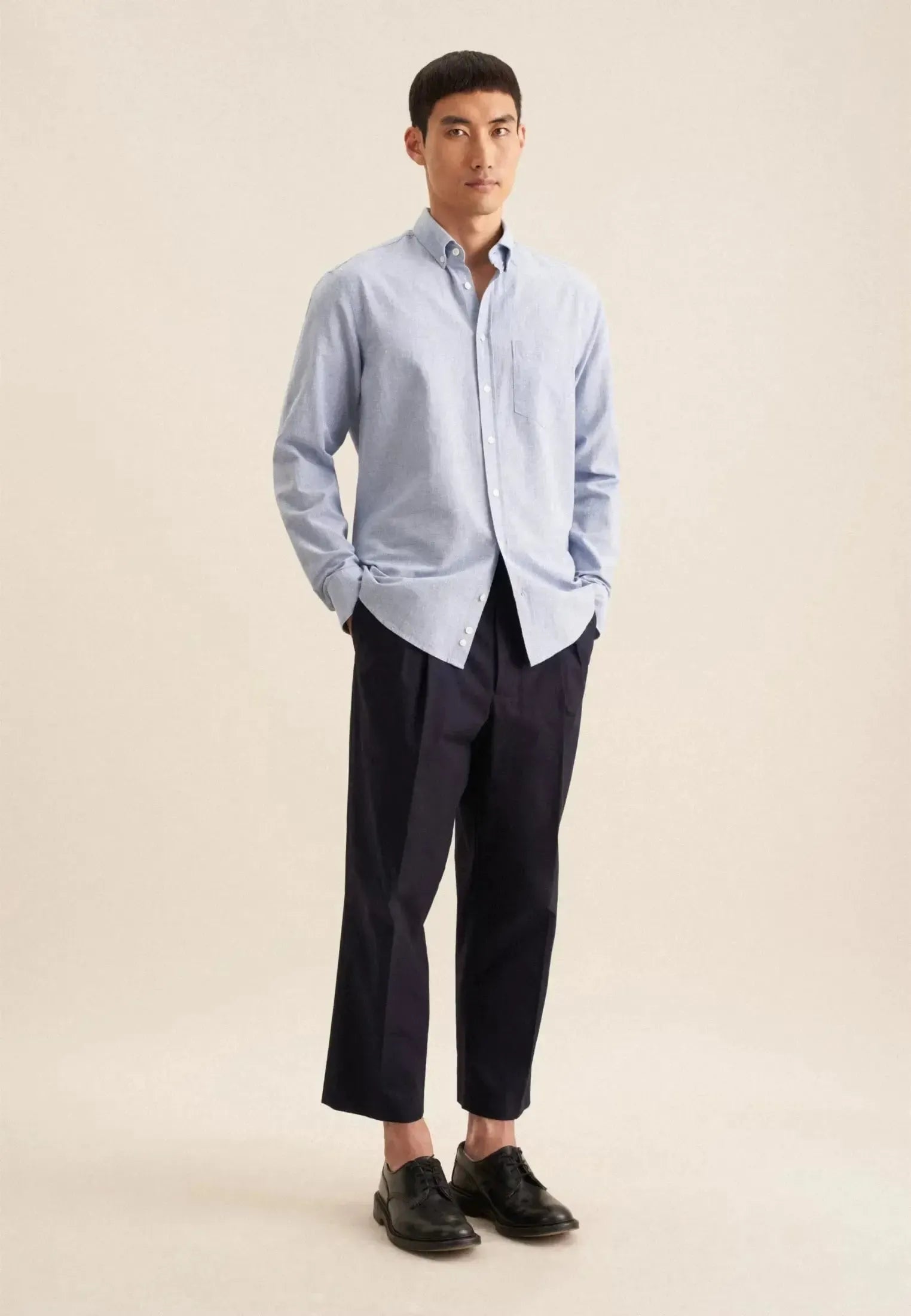 Regular Fit Button Down Linen Blend Chambray Shirt Light Blue-seidensticker uk