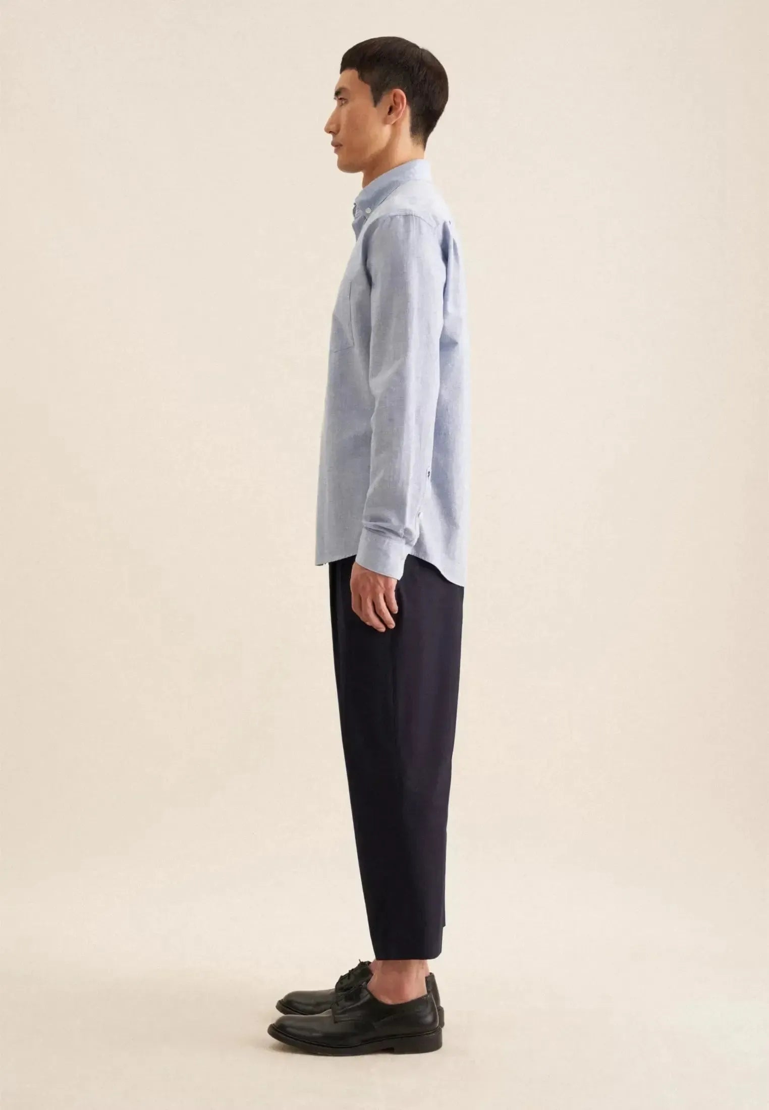 Regular Fit Button Down Linen Blend Chambray Shirt Light Blue-seidensticker uk