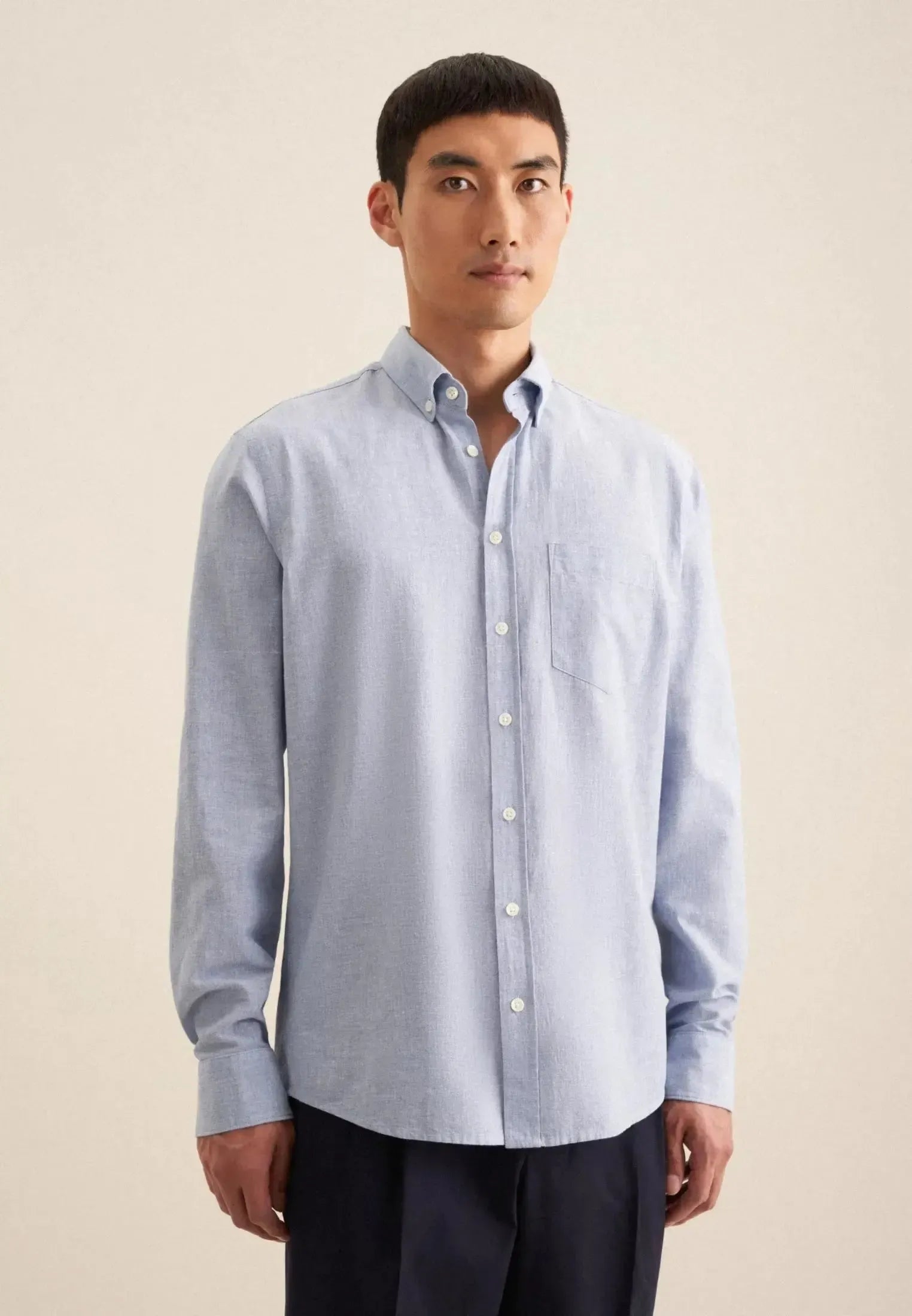 Regular Fit Button Down Linen Blend Chambray Shirt Light Blue-seidensticker uk