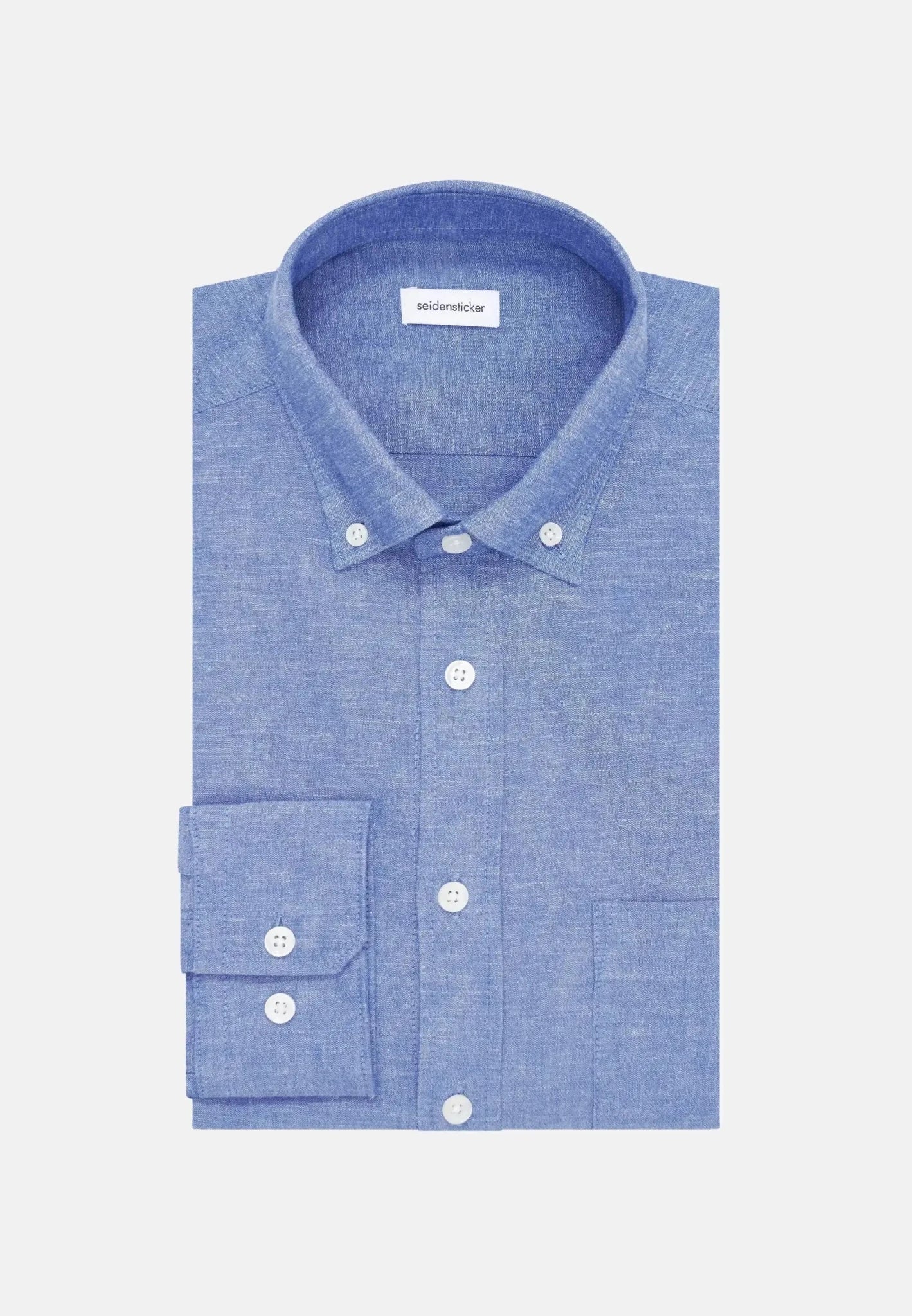 Seidensticker Regular Fit Button Down Linen Blend Chambray Shirt Mid Blue - 01.146702-16-38 - seidensticker.co.uk