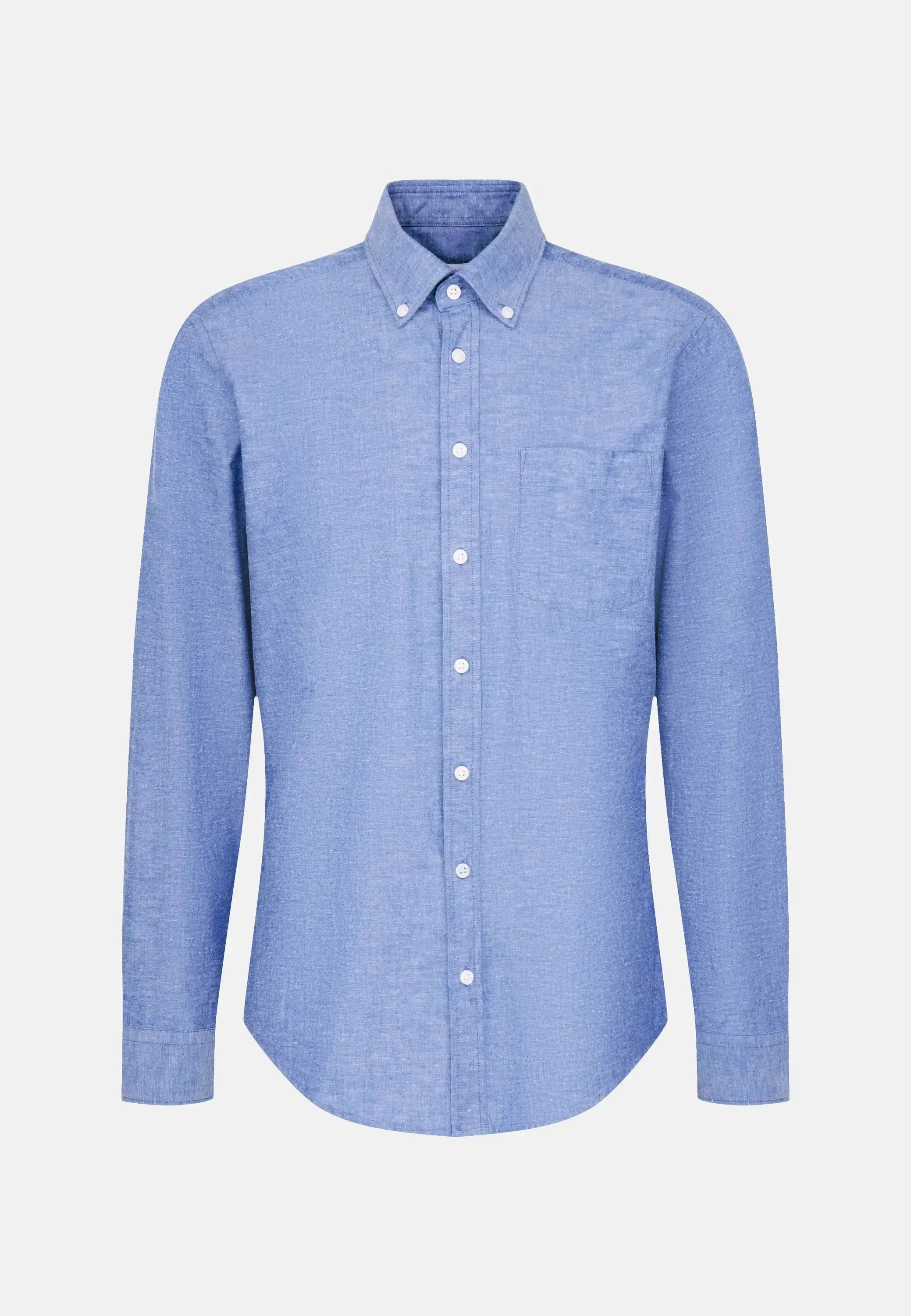 Regular Fit Button Down Linen Blend Chambray Shirt Mid Blue-seidensticker uk