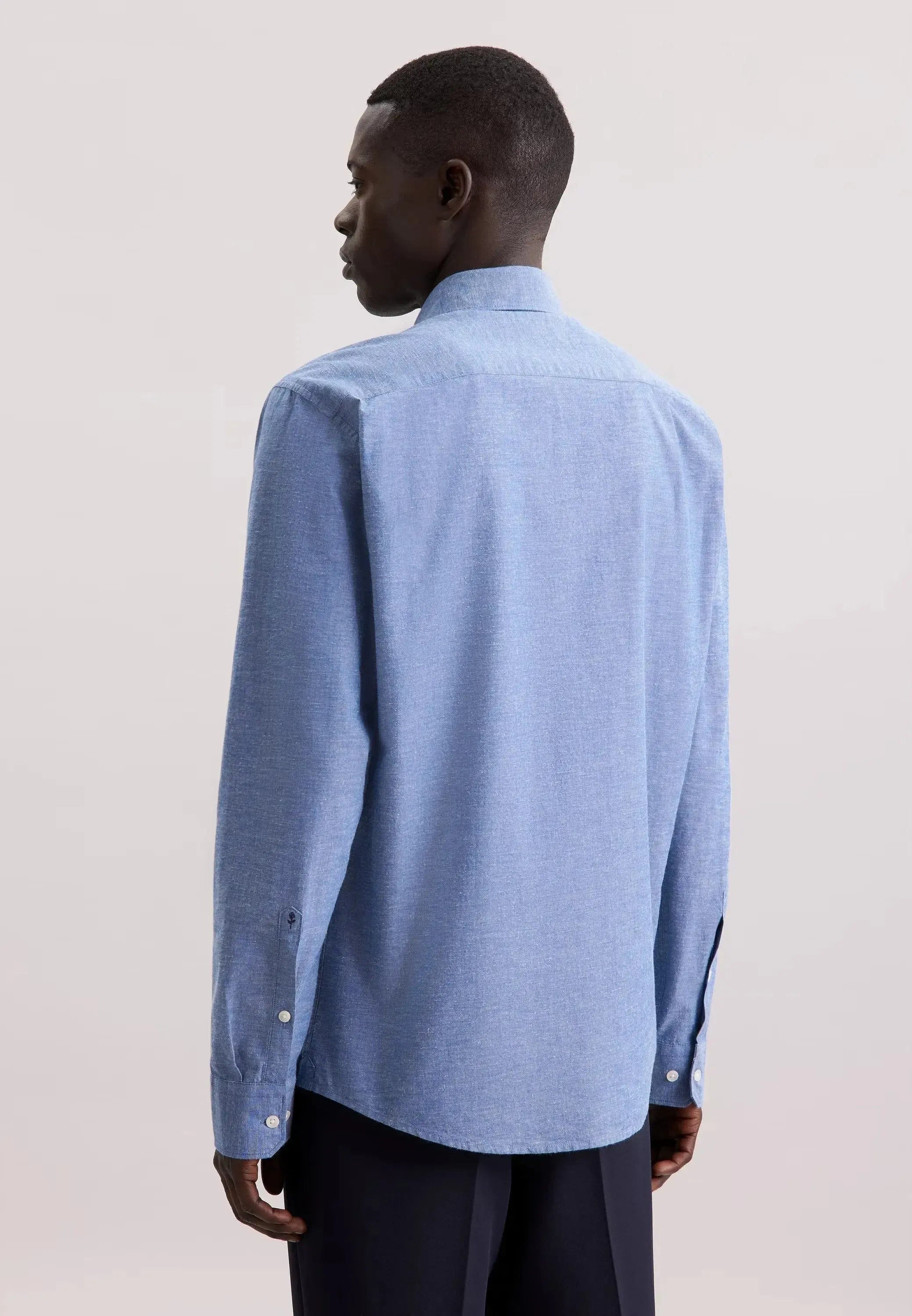Regular Fit Button Down Linen Blend Chambray Shirt Mid Blue-seidensticker uk