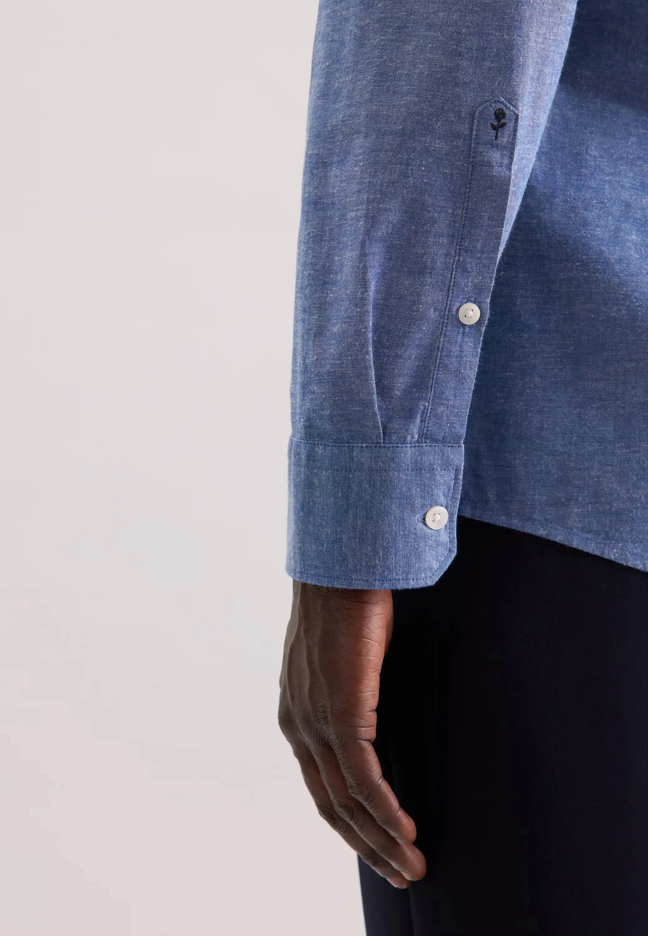 Regular Fit Button Down Linen Blend Chambray Shirt Mid Blue-seidensticker uk