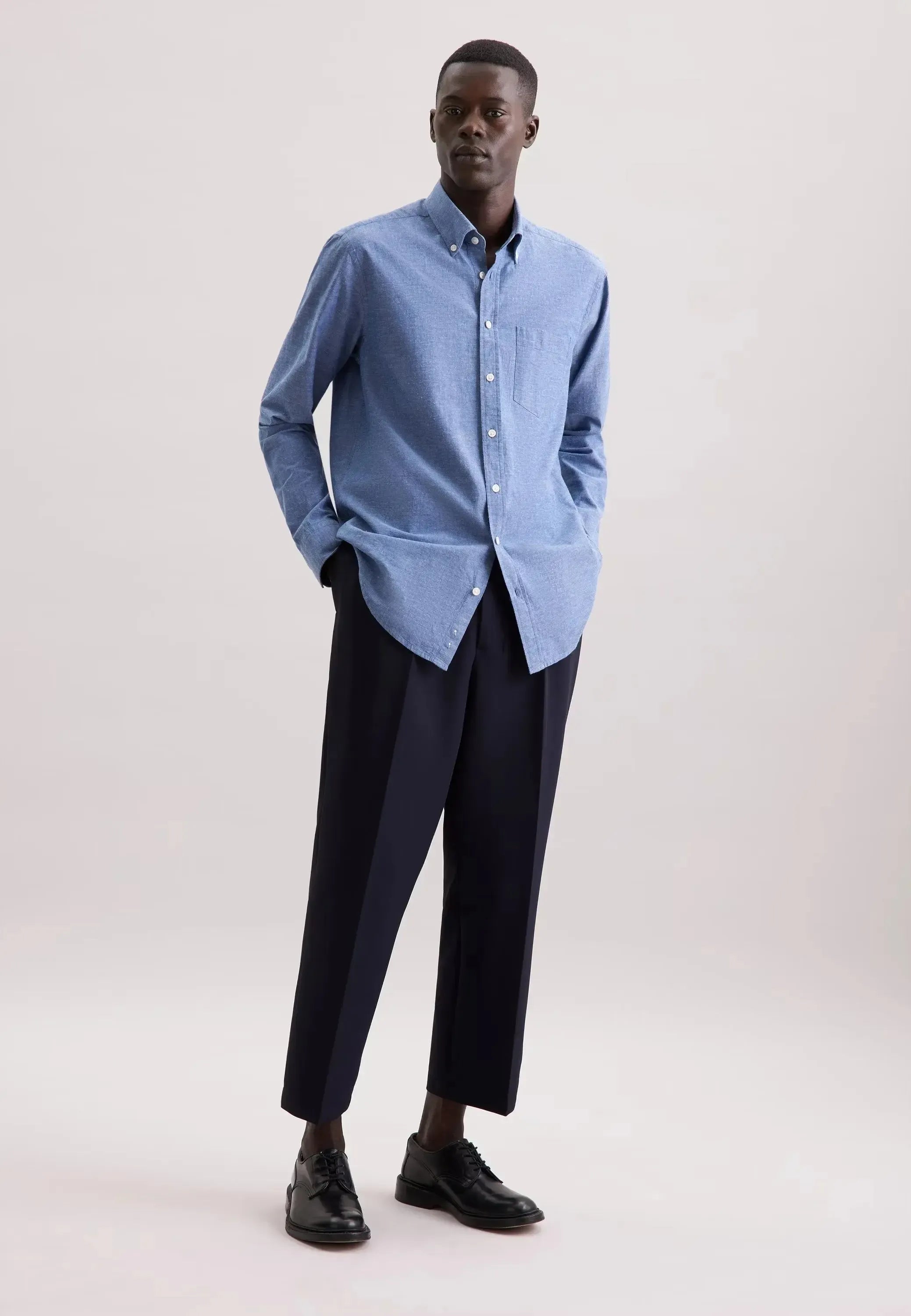 Regular Fit Button Down Linen Blend Chambray Shirt Mid Blue-seidensticker uk