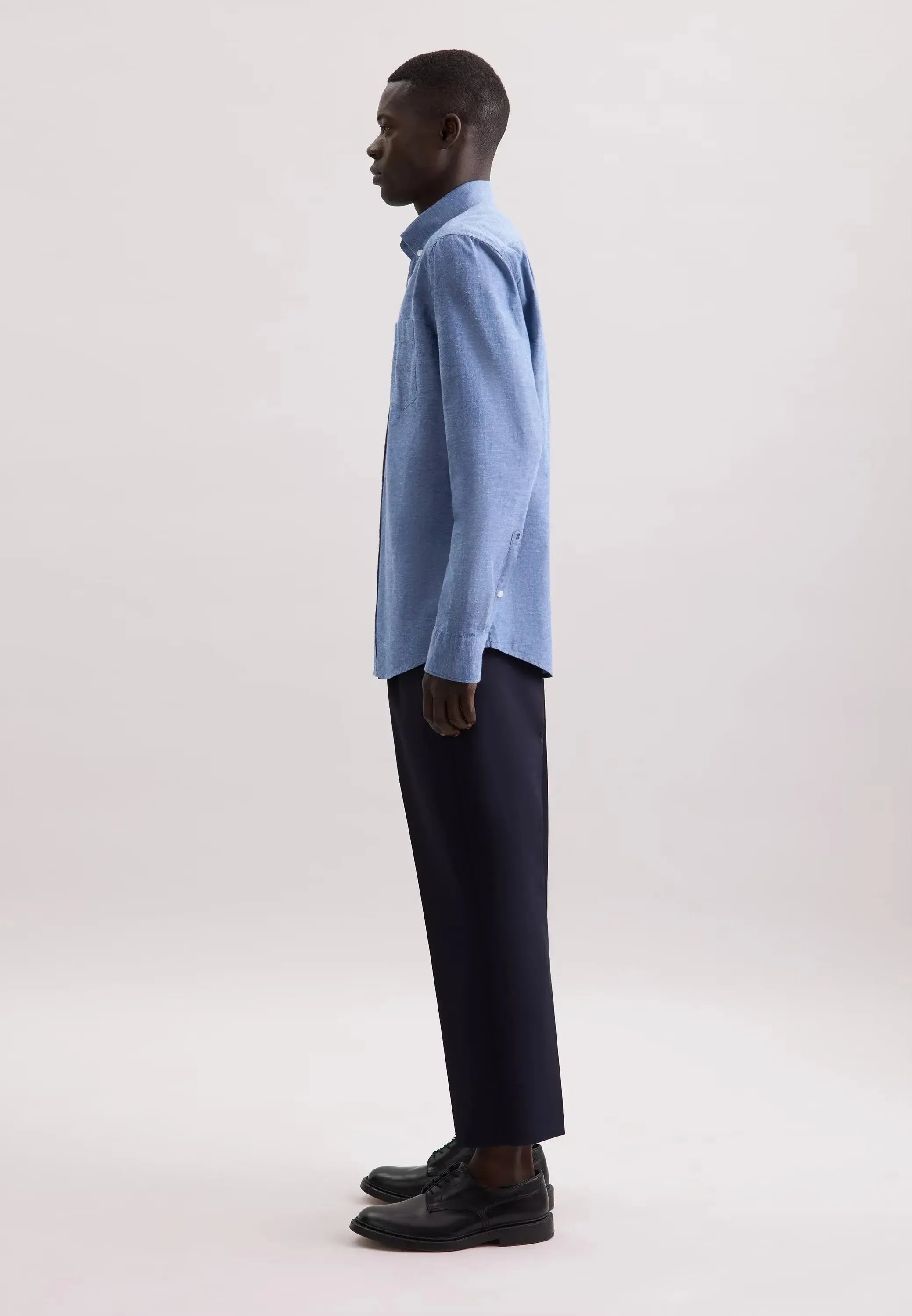 Regular Fit Button Down Linen Blend Chambray Shirt Mid Blue-seidensticker uk