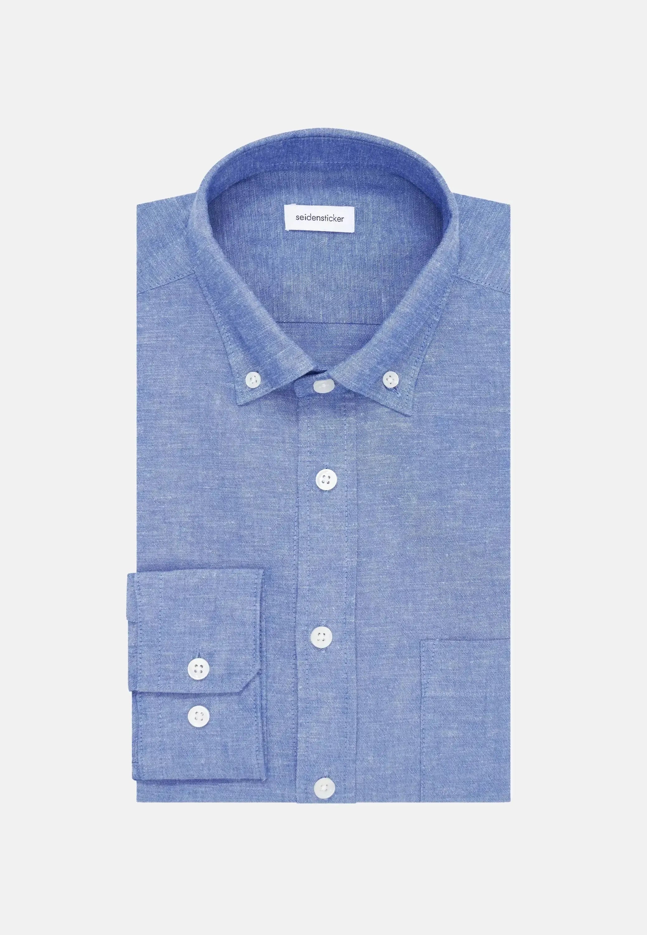 Regular Fit Button Down Linen Blend Chambray Shirt Mid Blue-seidensticker uk