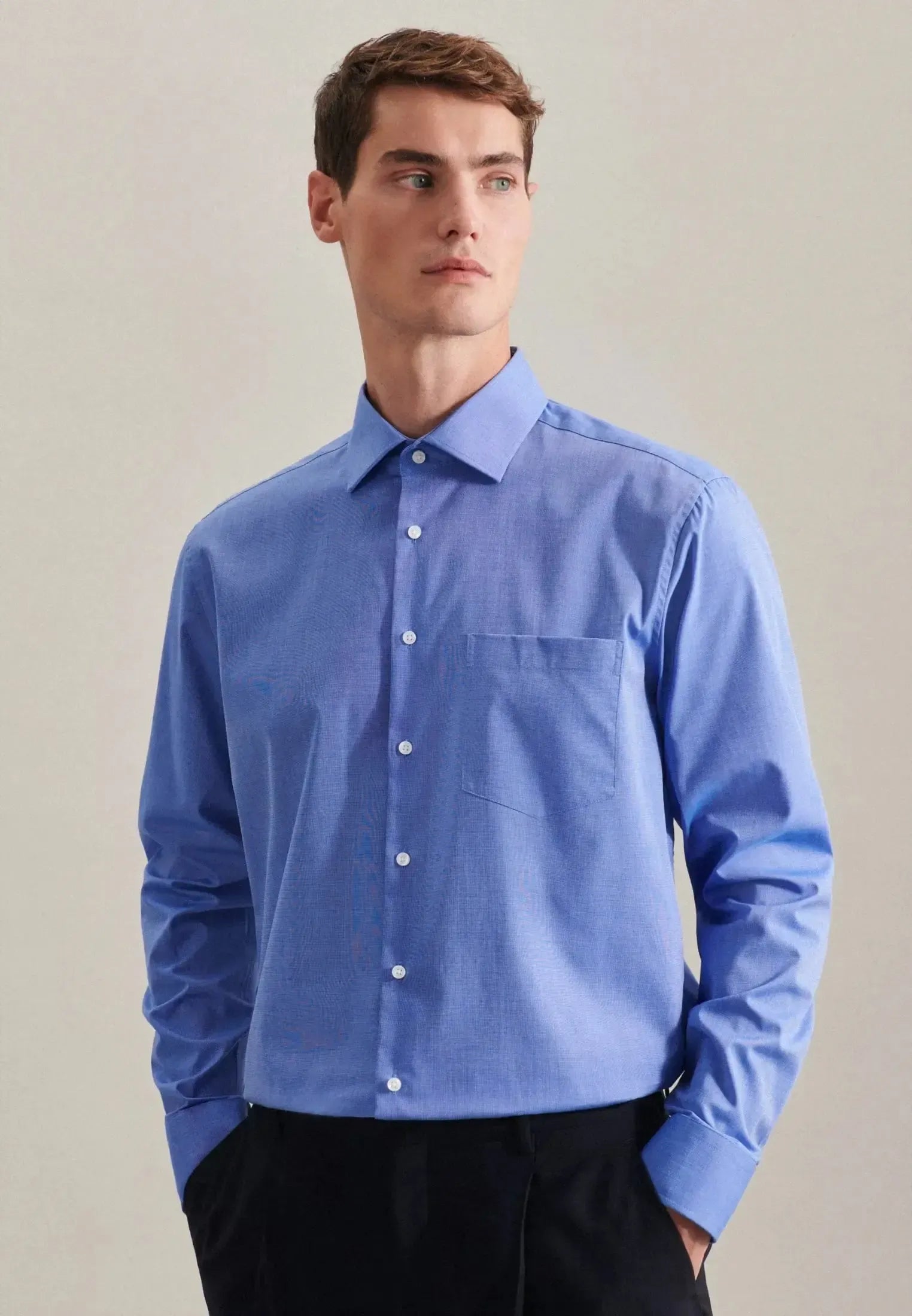 Regular Fit Easy Iron Kent Collar Business Shirt Mid Blue-seidensticker uk