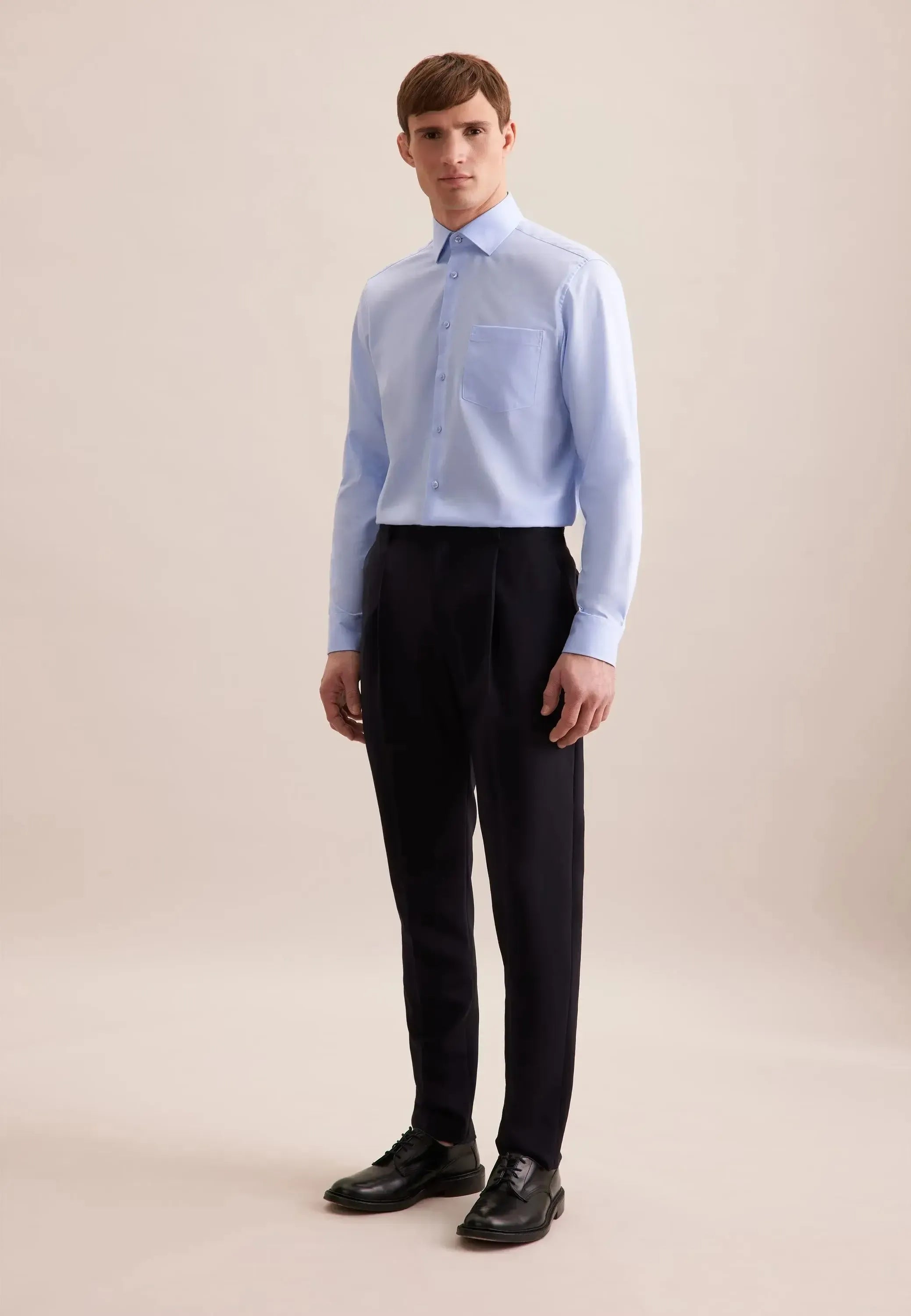 Regular Fit No Iron Business Kent Contrast Patch Business Shirt Light Blue-seidensticker uk
