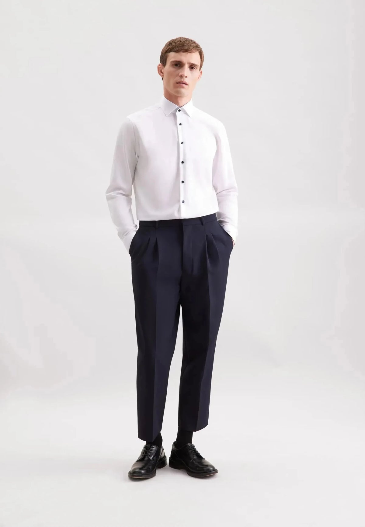 Seidensticker Regular Fit No Iron Contrast Patched Kent Collar Business Shirt White