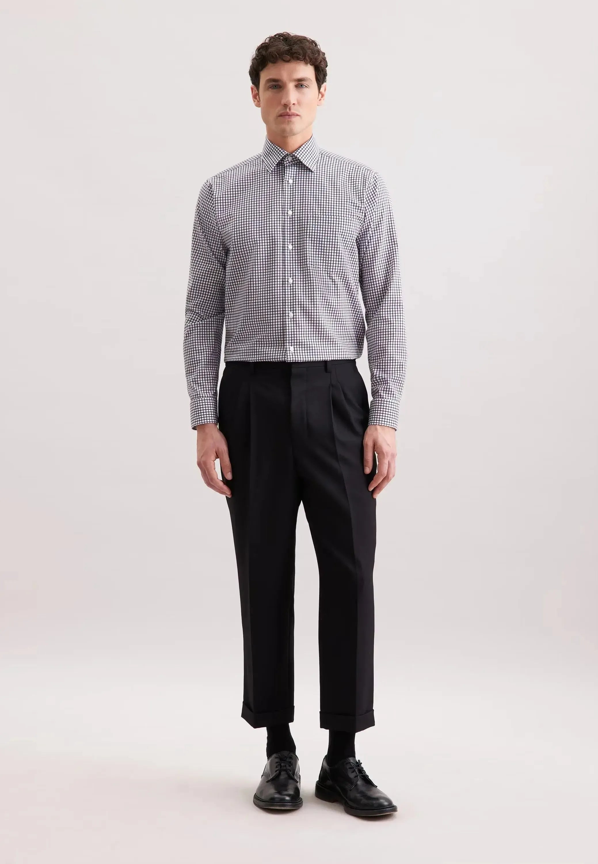 Regular Fit No Iron Covered Button Down Check Business Shirt Dark Blue-seidensticker uk