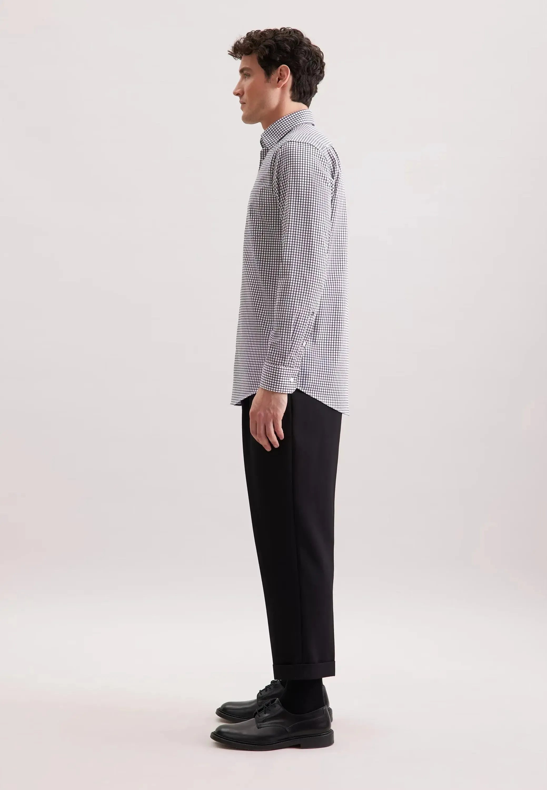 Regular Fit No Iron Covered Button Down Check Business Shirt Dark Blue-seidensticker uk