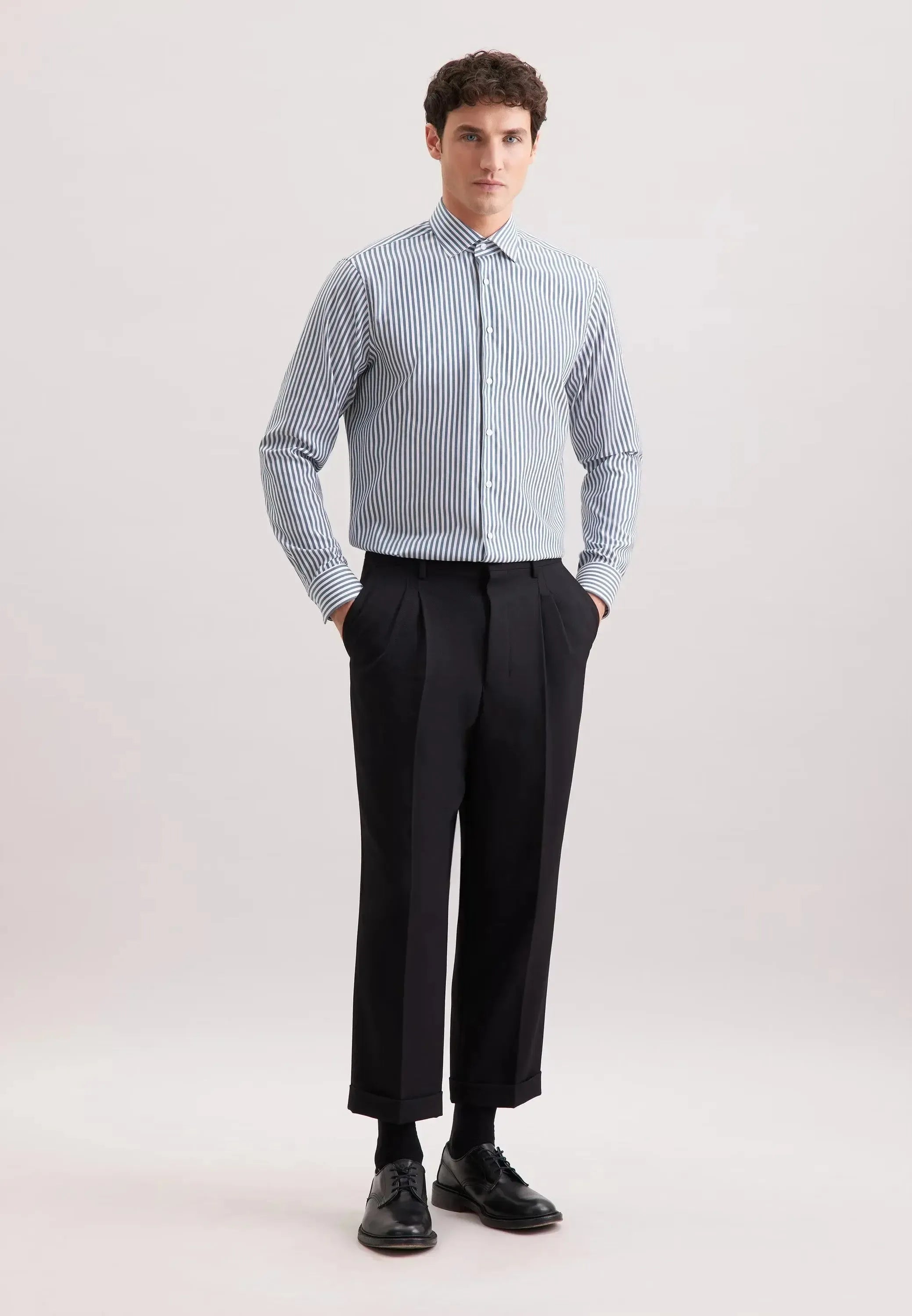 Regular Fit No Iron New Kent Striped Business Shirt Dark Teal-seidensticker uk