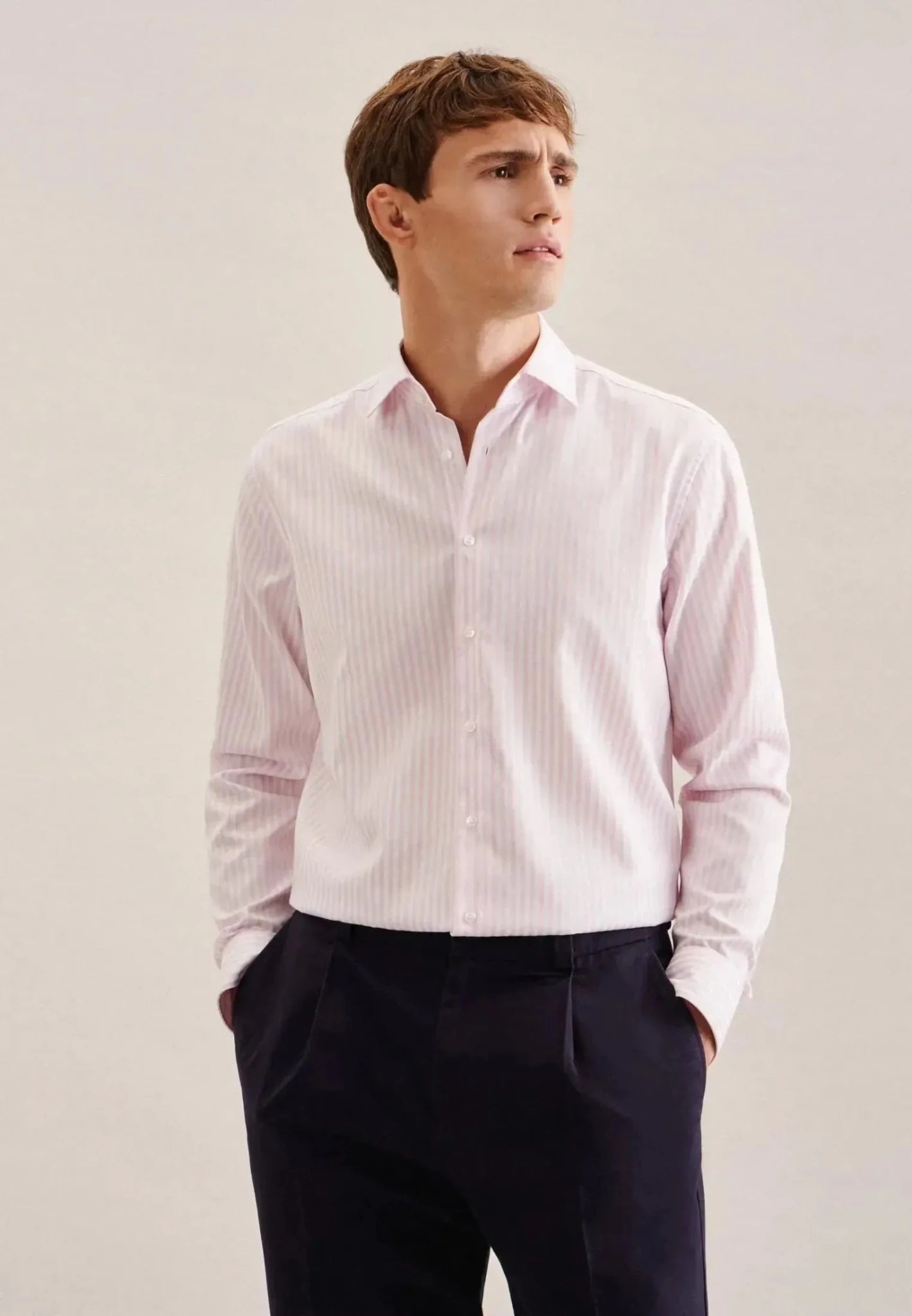 Seidensticker UK - Regular Fit No Iron New Kent Striped Business Shirt Pink - 01.143550-42-38