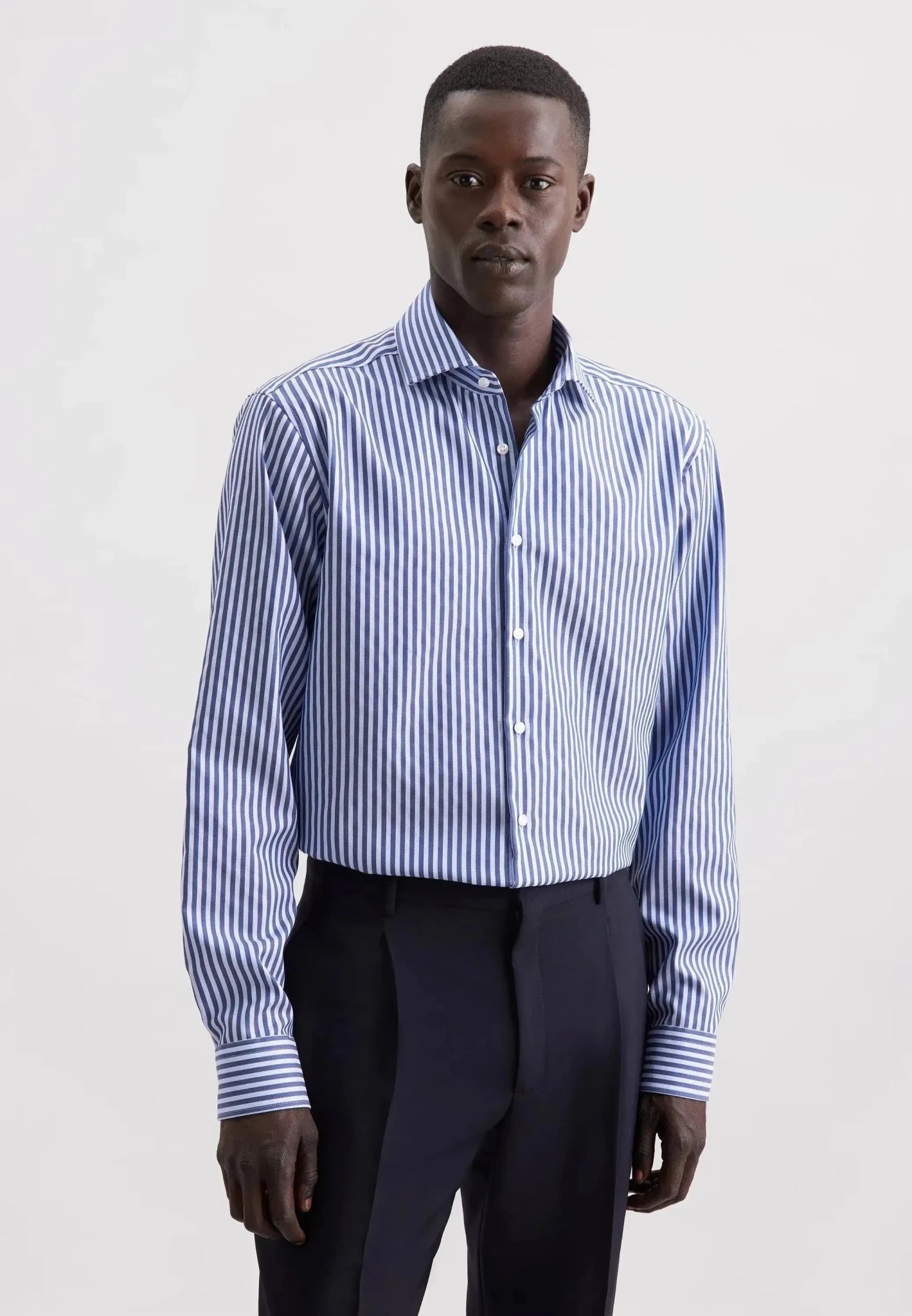 Seidensticker UK - Regular Fit No Iron Spread Kent Structured Stripe Business Shirt Dark Blue - 01.845289-16-38