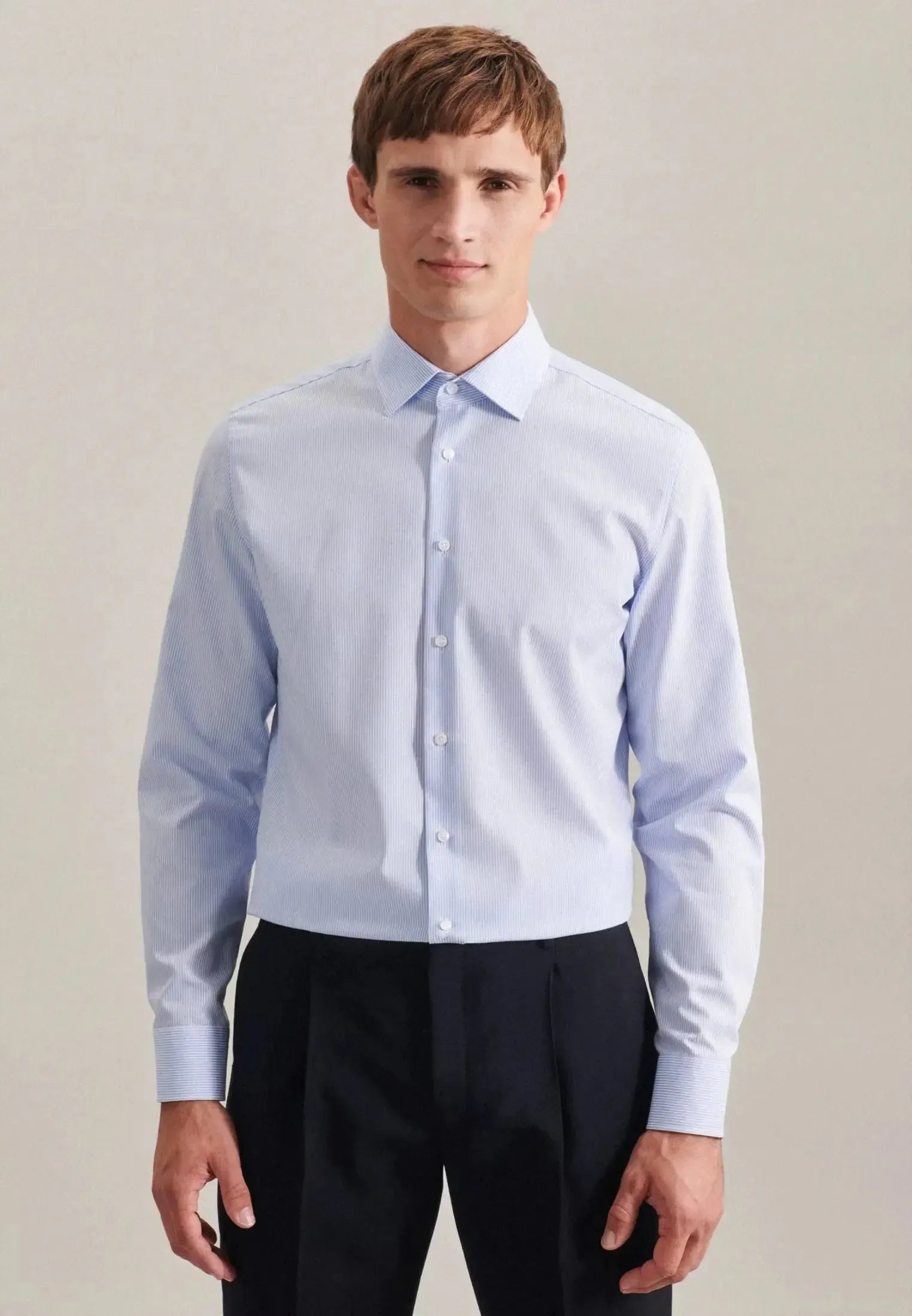 Shaped Fit No Iron Kent Collar Striped Business Shirt Light Blue-seidensticker uk