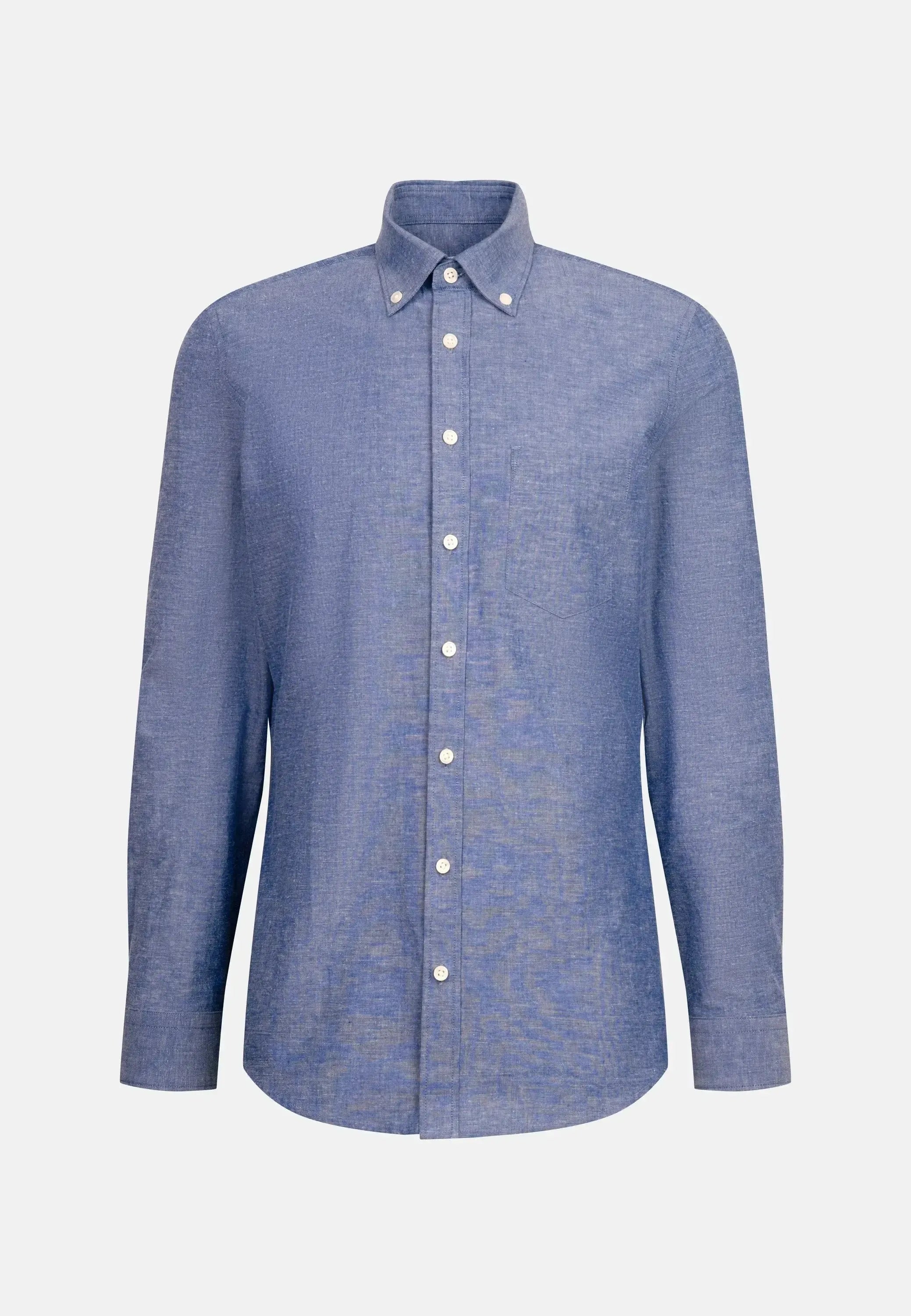 Slim Fit Button Down Linen Blend Chambray Shirt Mid Blue-seidensticker uk
