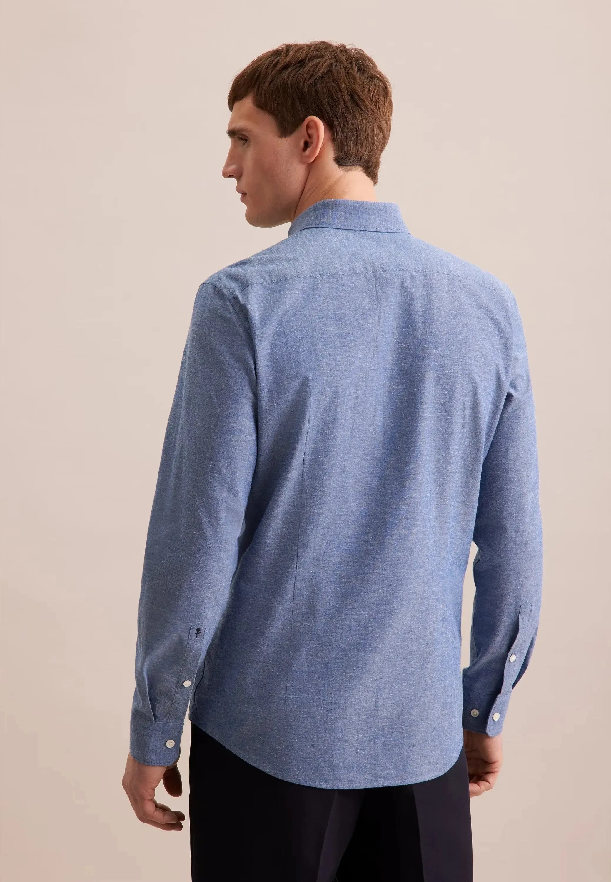 Slim Fit Button Down Linen Blend Chambray Shirt Mid Blue-seidensticker uk