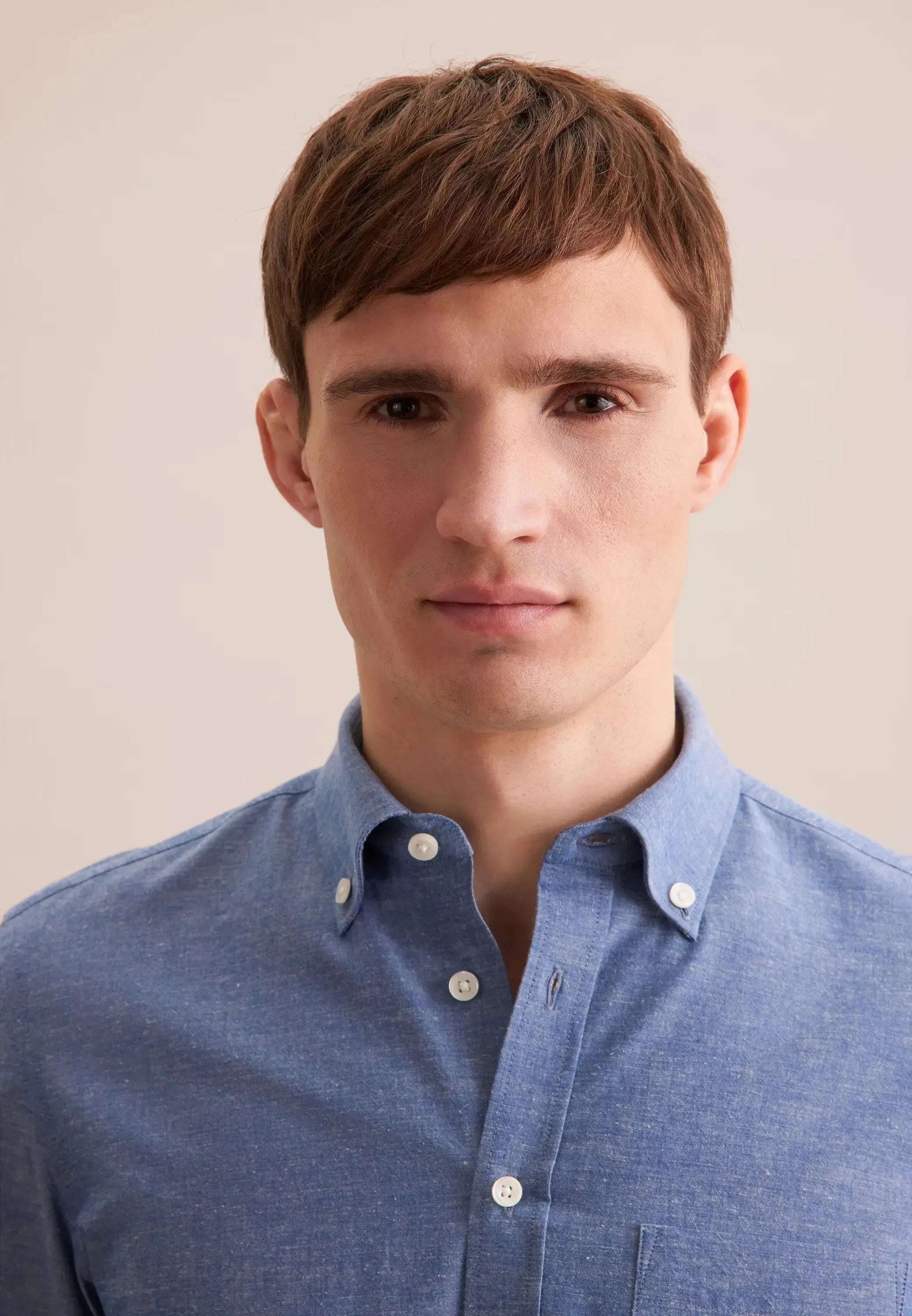 Slim Fit Button Down Linen Blend Chambray Shirt Mid Blue-seidensticker uk
