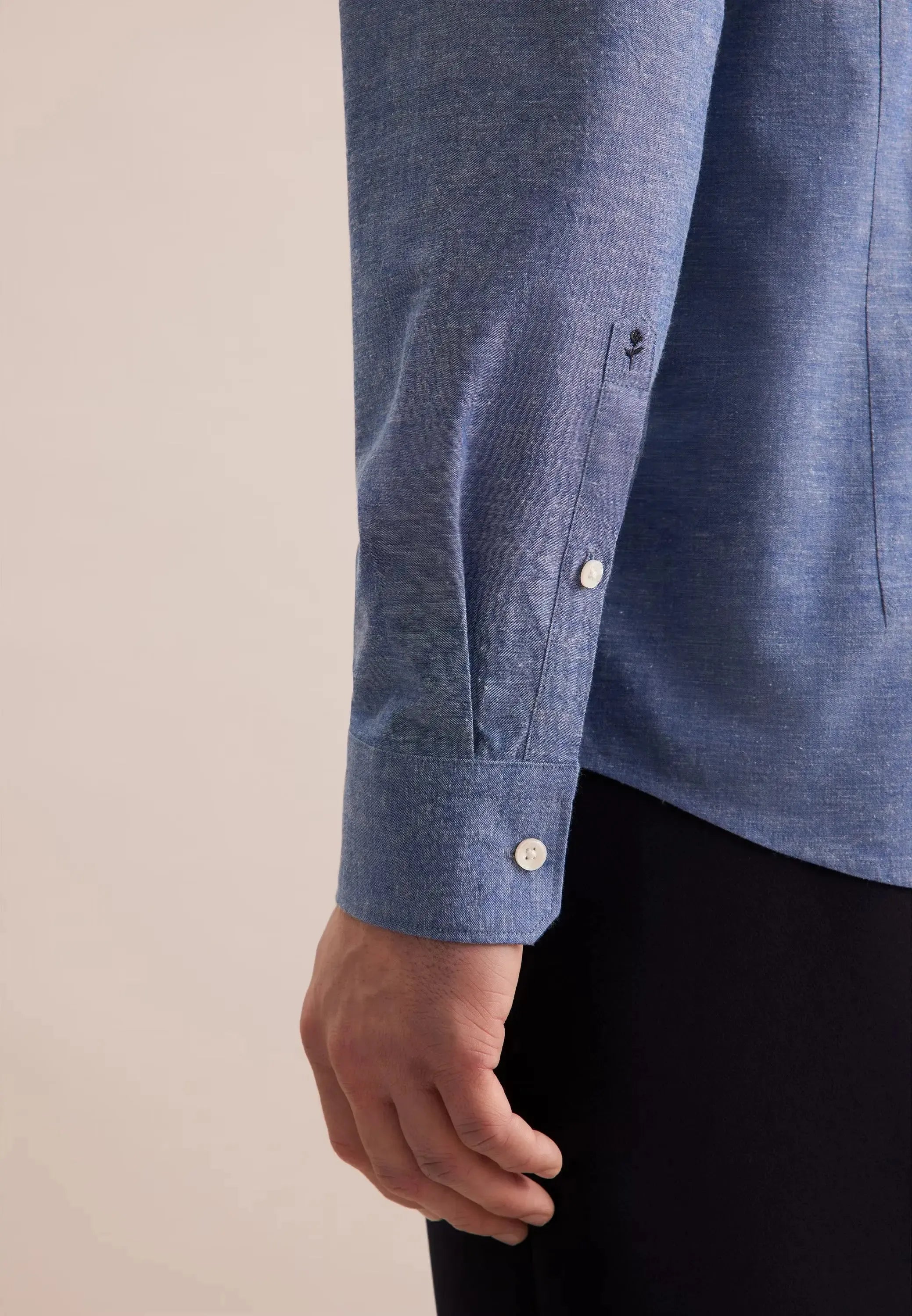 Slim Fit Button Down Linen Blend Chambray Shirt Mid Blue-seidensticker uk