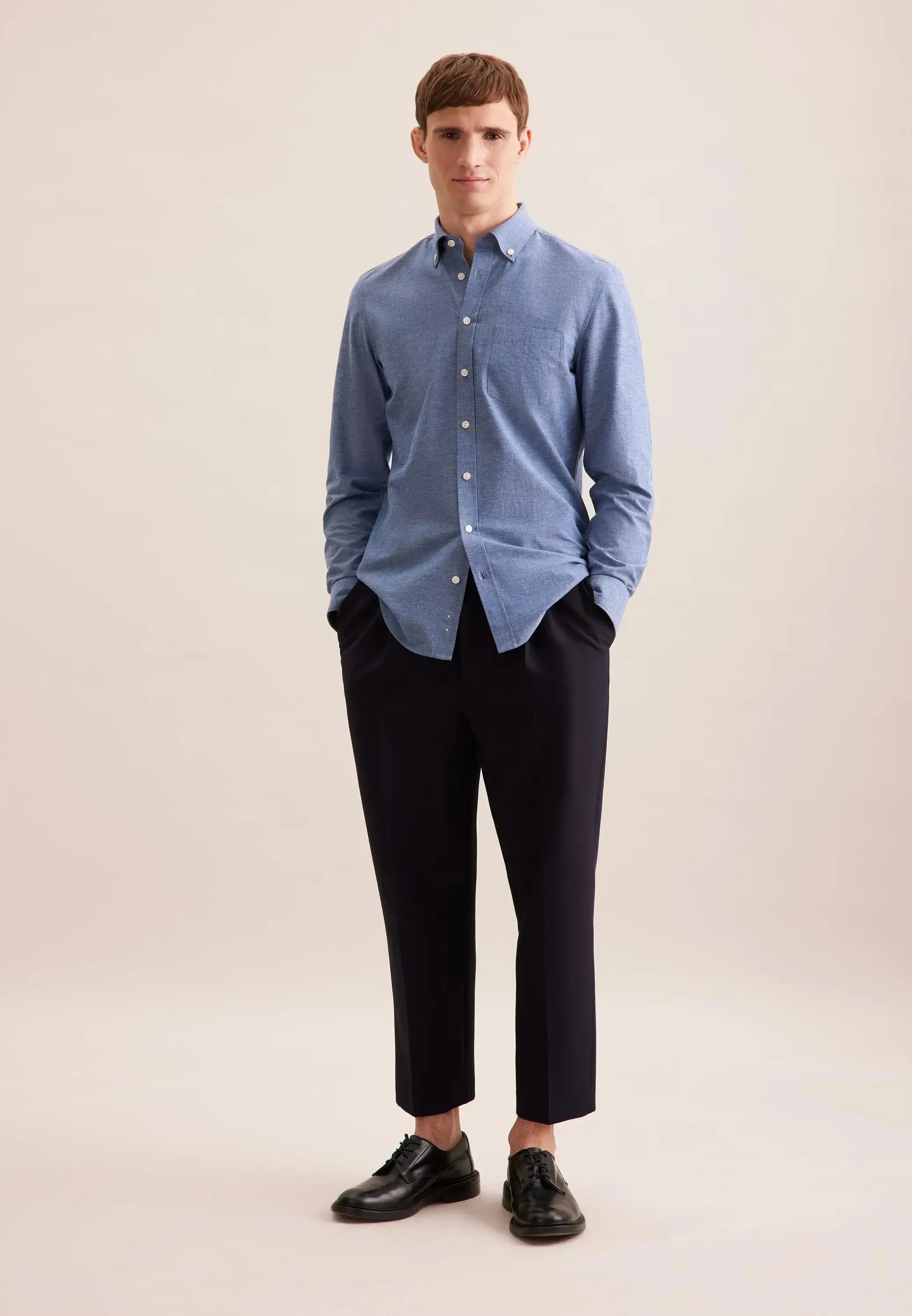 Slim Fit Button Down Linen Blend Chambray Shirt Mid Blue-seidensticker uk