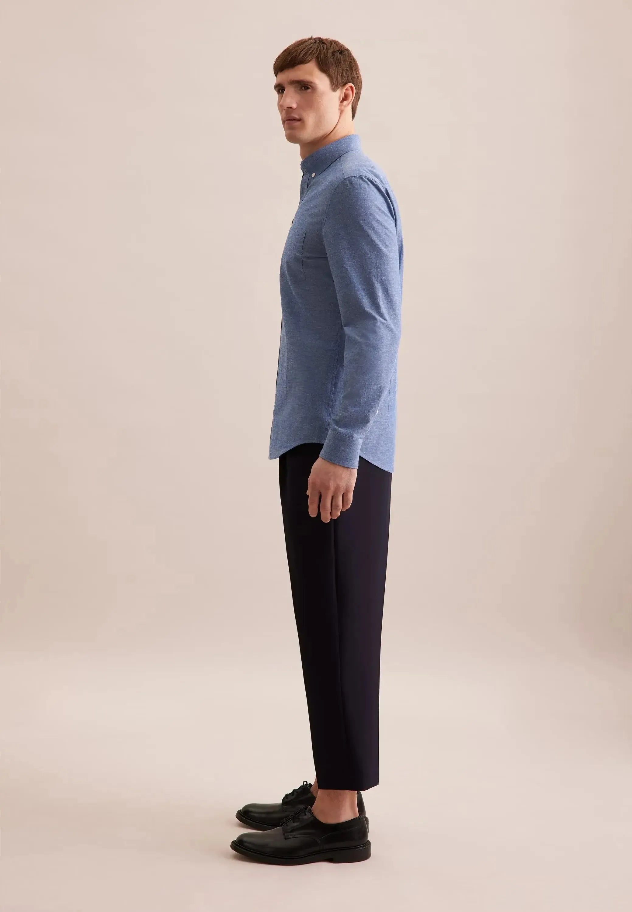 Slim Fit Button Down Linen Blend Chambray Shirt Mid Blue-seidensticker uk
