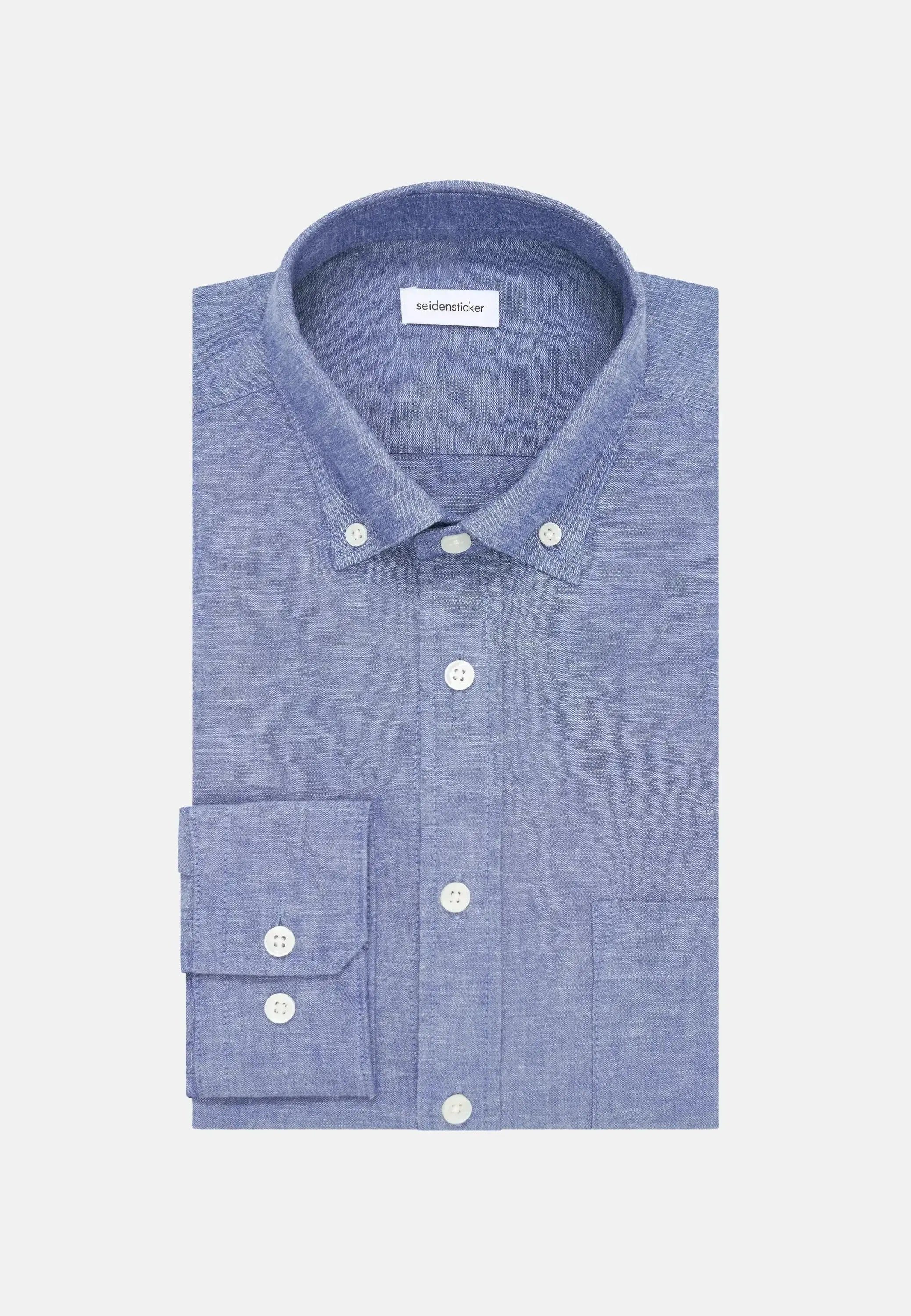 Slim Fit Button Down Linen Blend Chambray Shirt Mid Blue-seidensticker uk