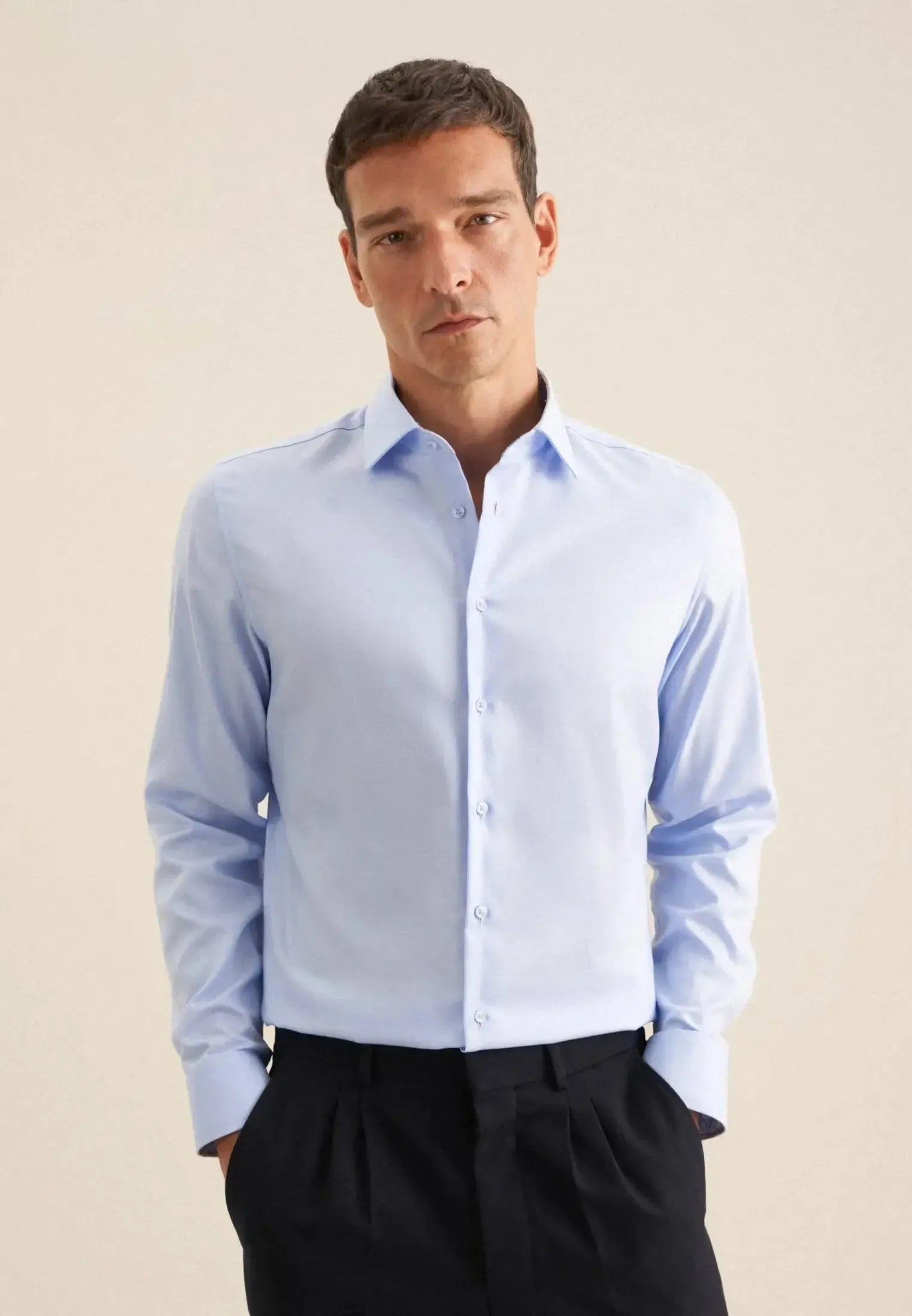 Slim Fit Easy Iron Business Kent Contrast Patch Business Shirt Light Blue-seidensticker uk