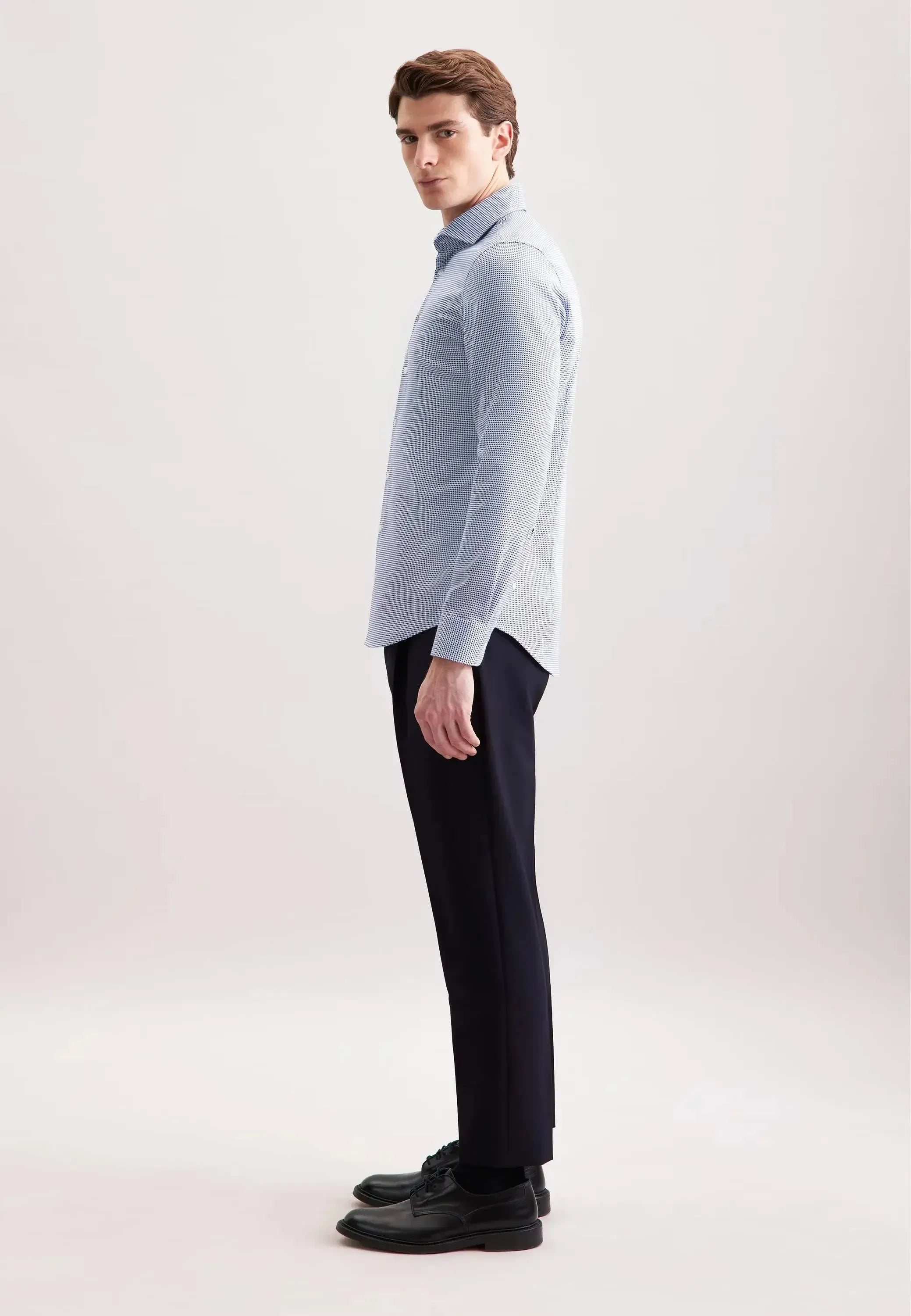 Slim Fit No Iron Spread Kent Pepita Business Shirt Mid Blue-seidensticker uk