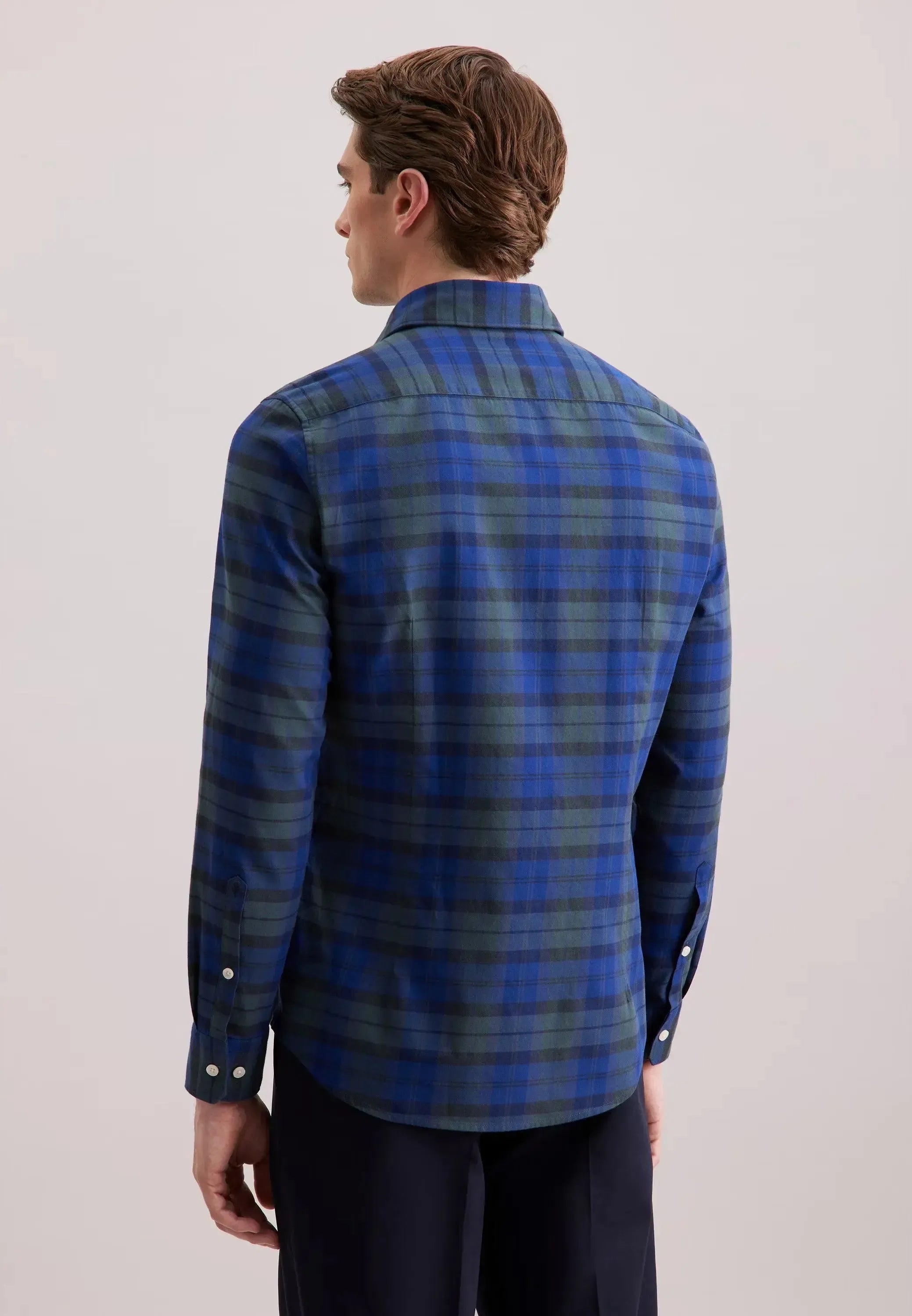 Slim Fit Spread Kent Check Flannel Shirt Dark Blue-seidensticker uk