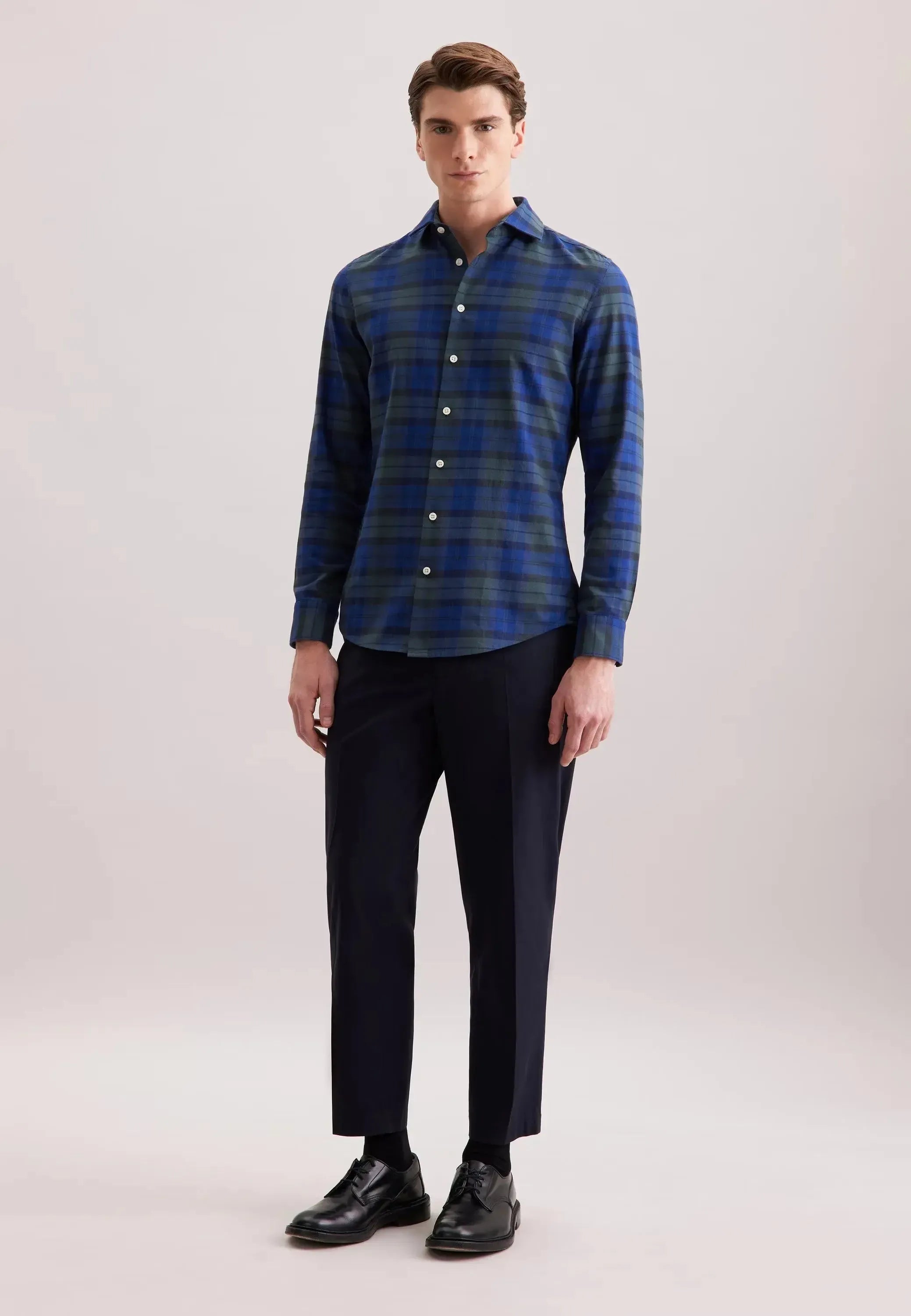 Slim Fit Spread Kent Check Flannel Shirt Dark Blue-seidensticker uk