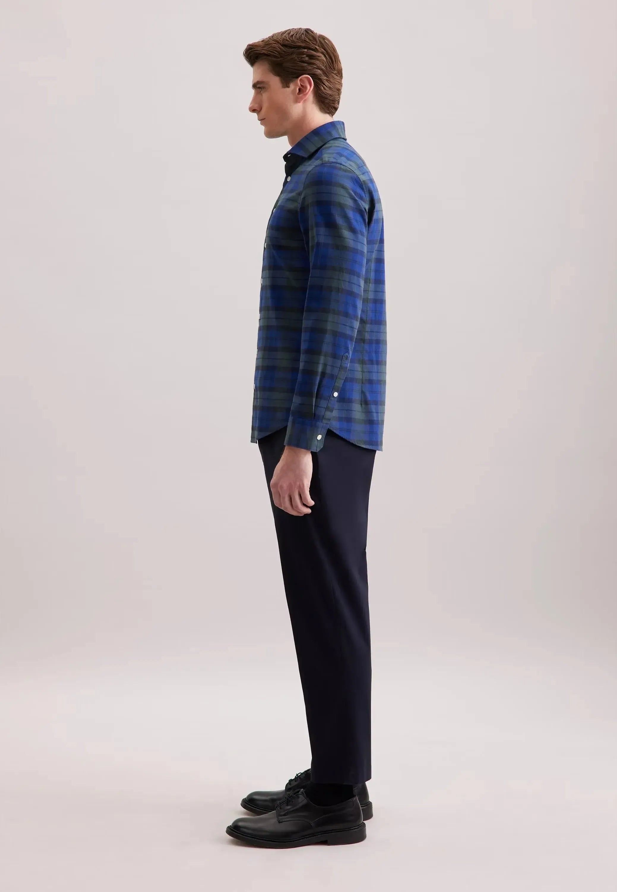 Slim Fit Spread Kent Check Flannel Shirt Dark Blue-seidensticker uk
