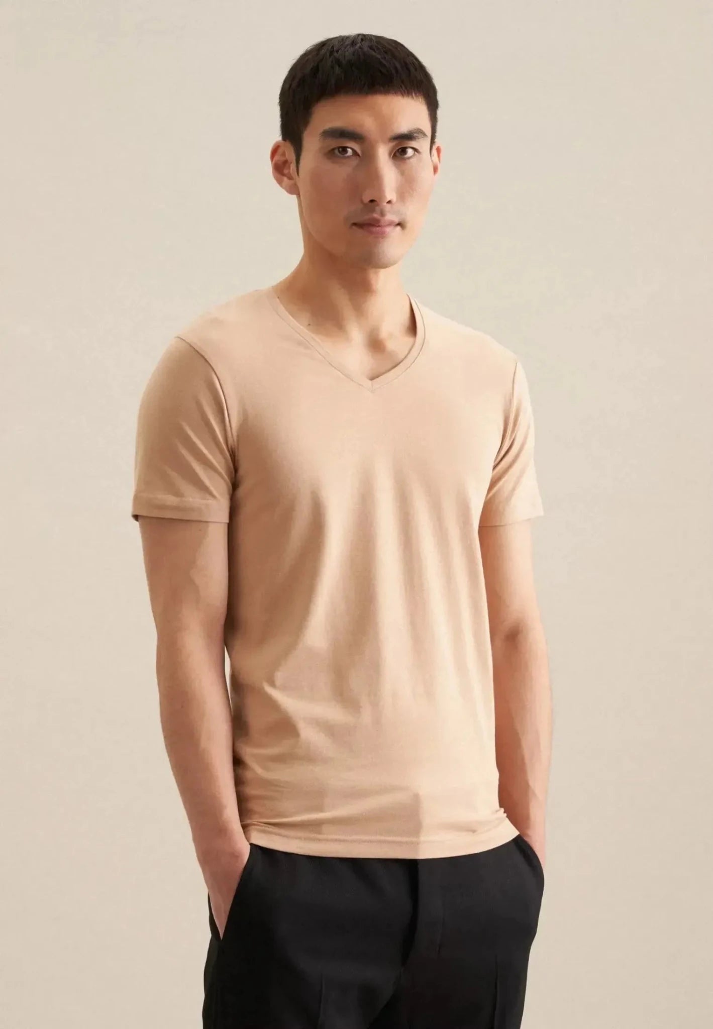 Seidensticker UK - Stretch Cotton V - Neck T-Shirt Dark Beige - 01.242491-21-S