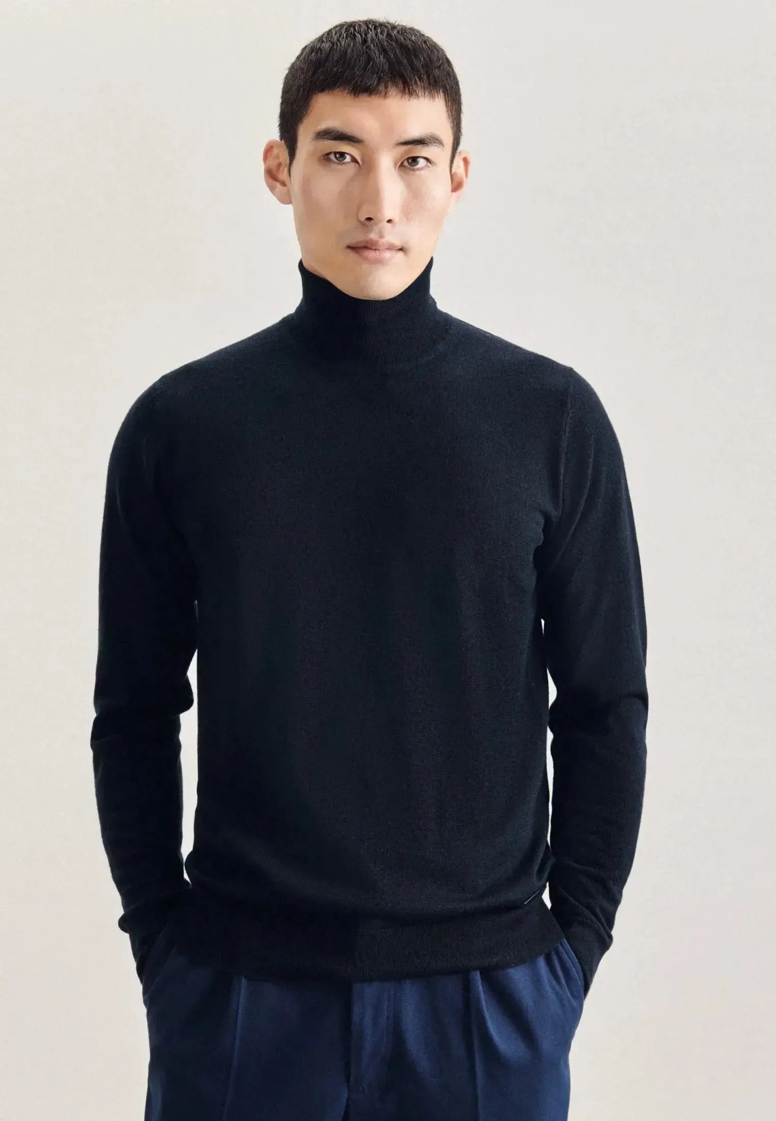 Merino Wool Roll Neck Knit Dark Blue-seidensticker uk