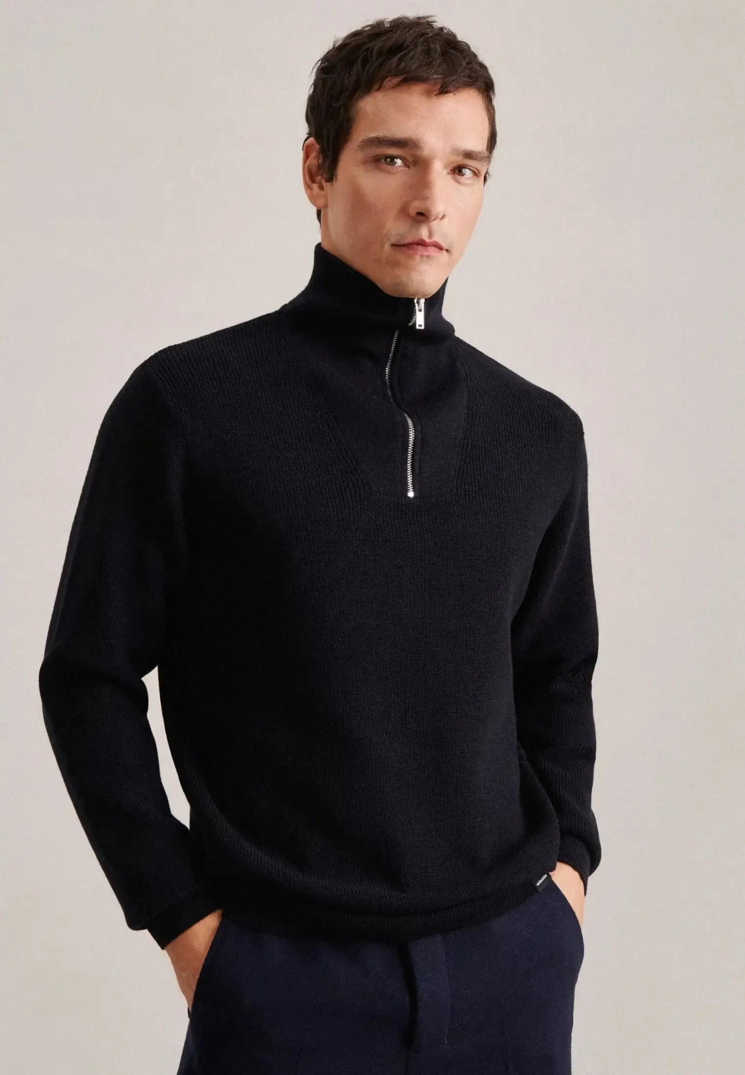 Merino Wool Stand Collar 1/4 Zip Knit Dark Blue-seidensticker uk