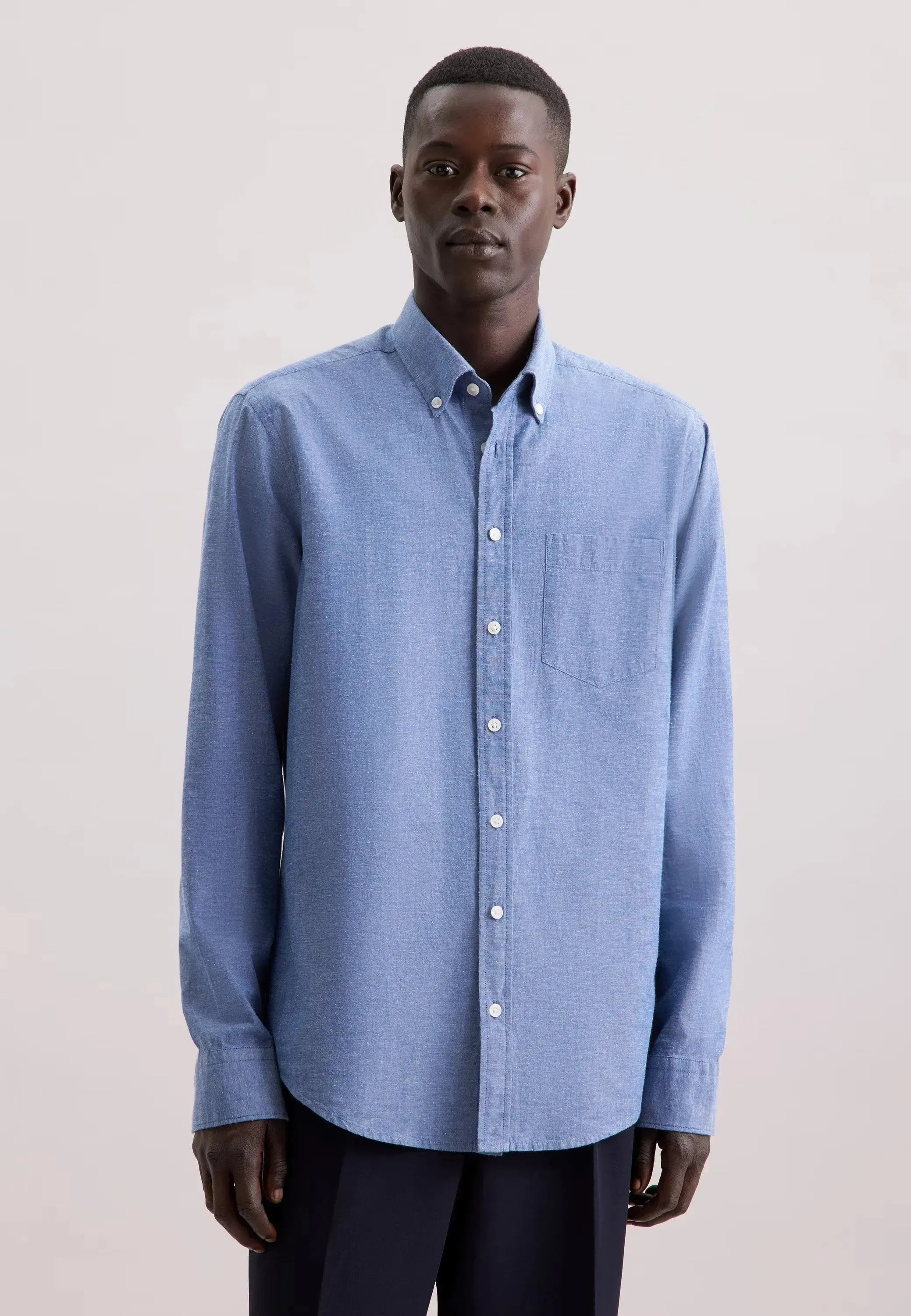 Regular Fit Button Down Linen Blend Chambray Shirt Mid Blue-seidensticker uk