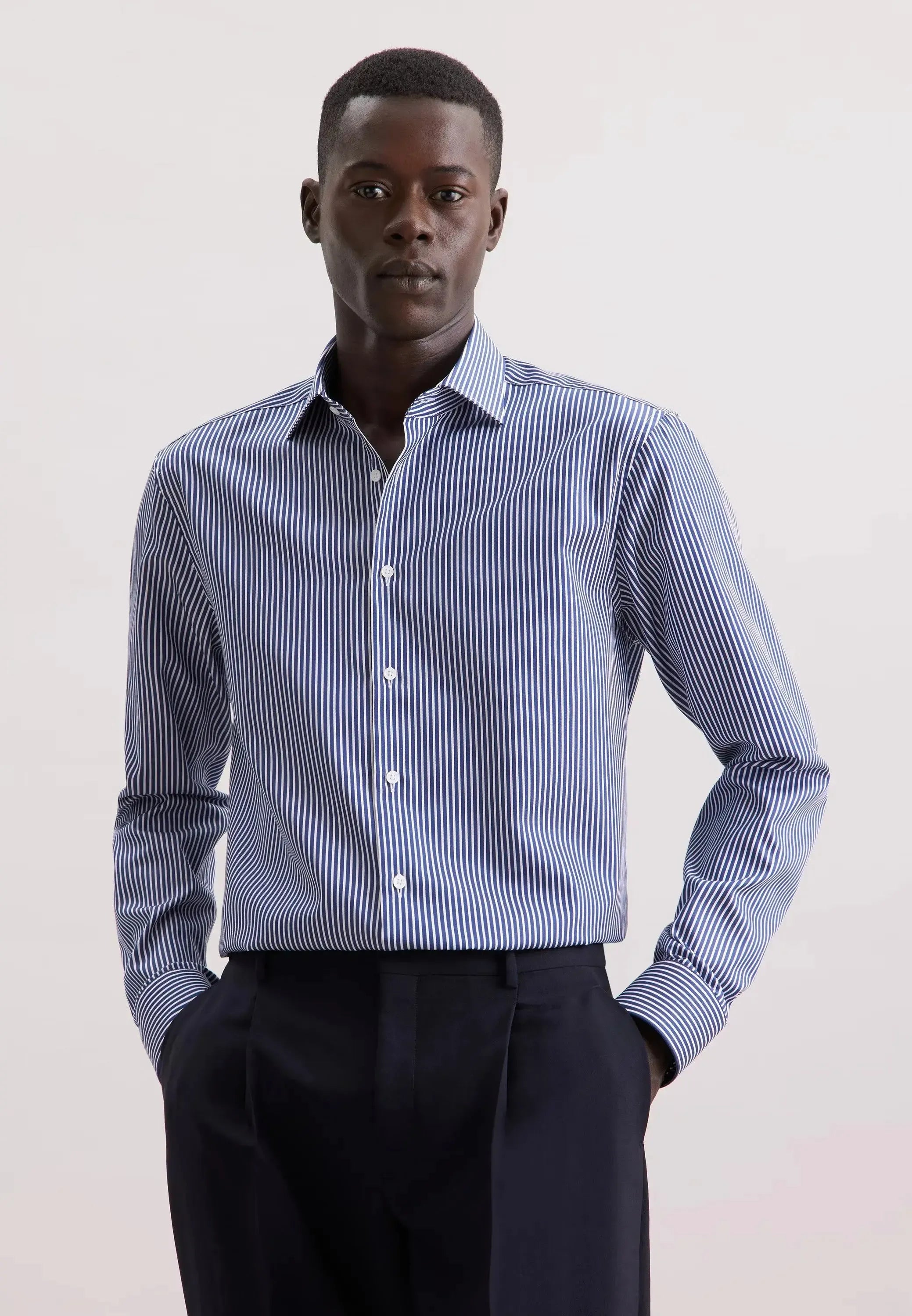 Regular Fit Easy Iron New Kent Striped Business Shirt Dark Blue-seidensticker uk