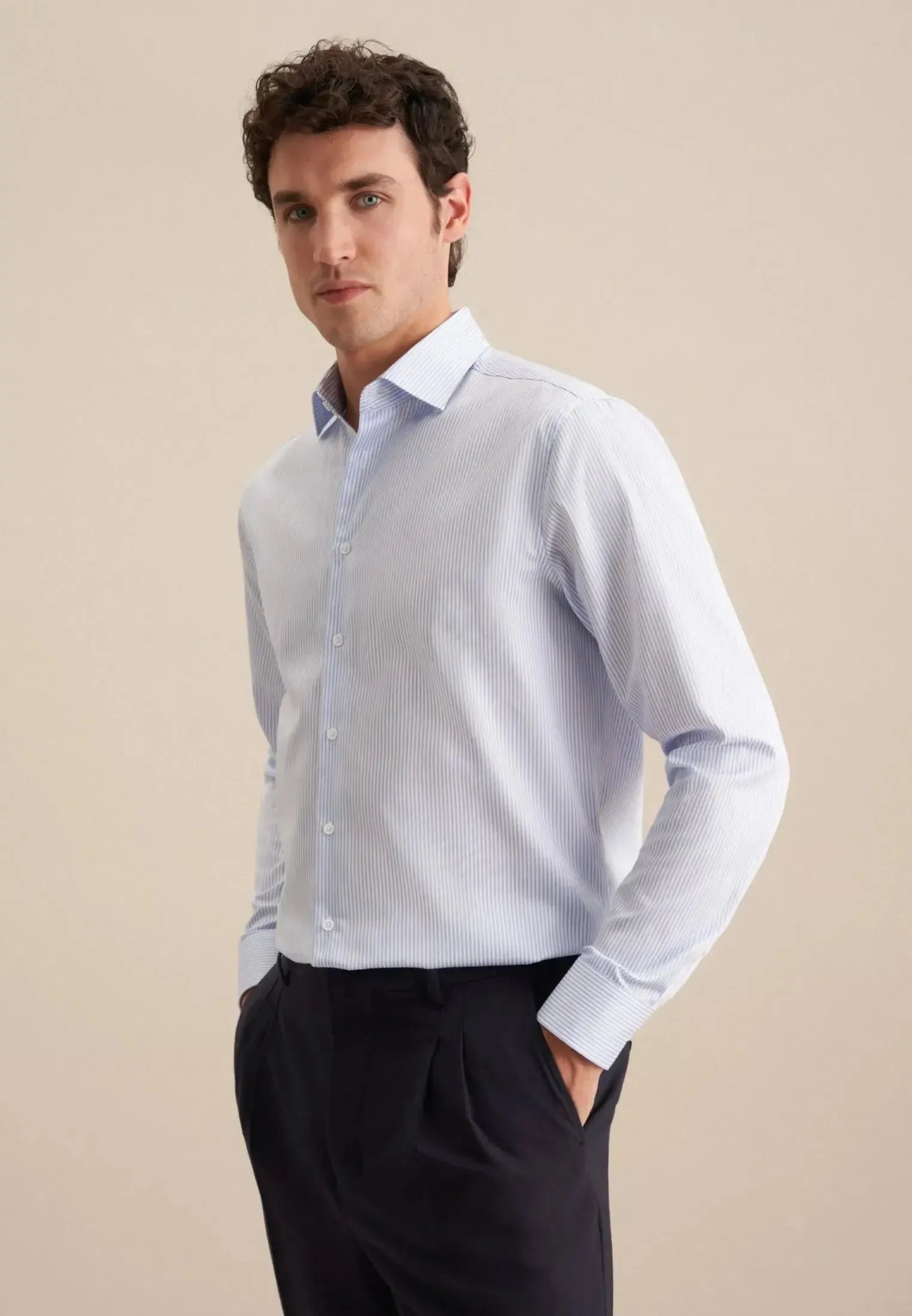 Regular Fit Easy Iron New Kent Striped Business Shirt Light Blue-seidensticker uk