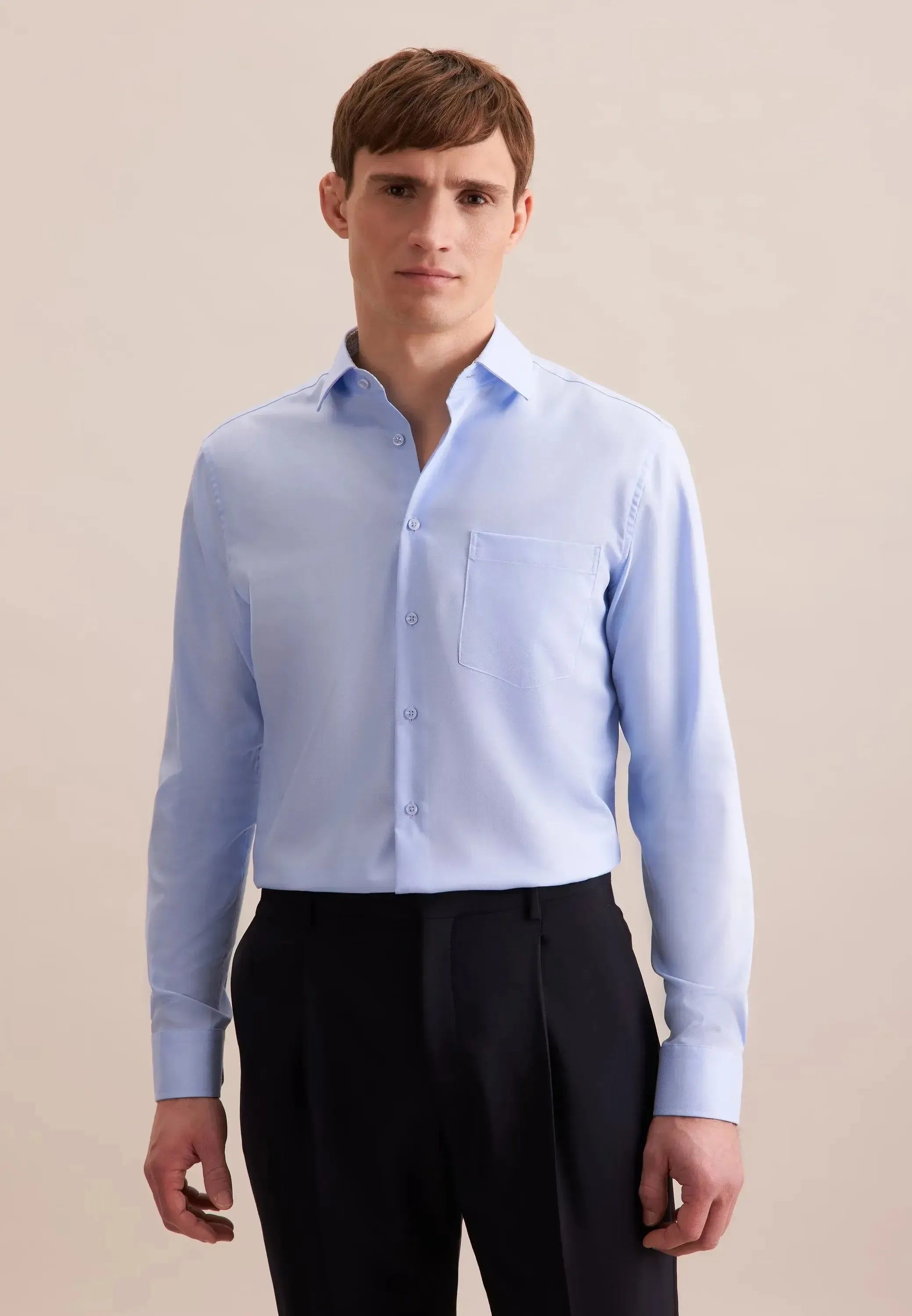 Regular Fit No Iron Business Kent Contrast Patch Business Shirt Light Blue-seidensticker uk