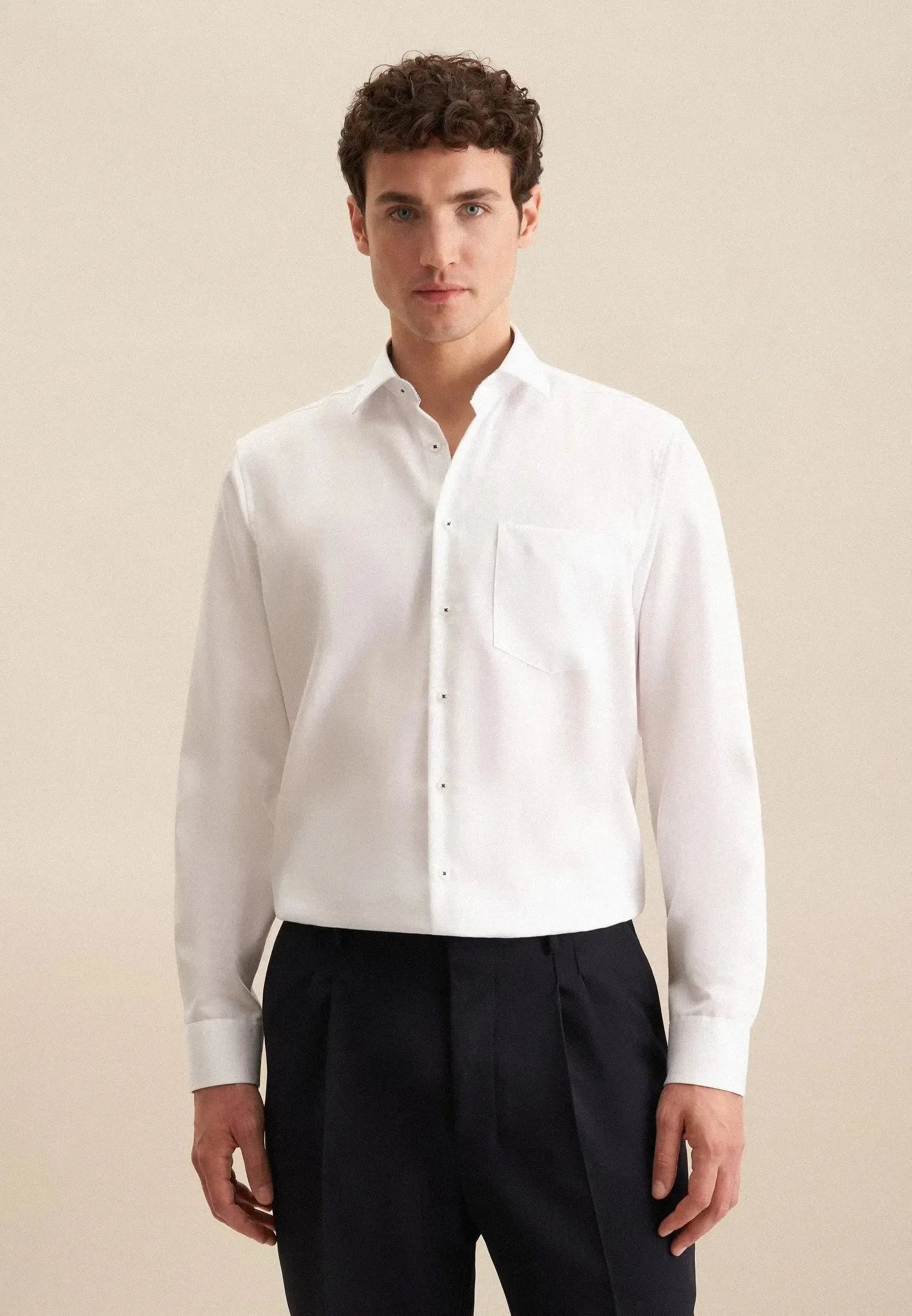 Regular Fit No Iron Business Kent Contrast Patch Business Shirt White-seidensticker uk