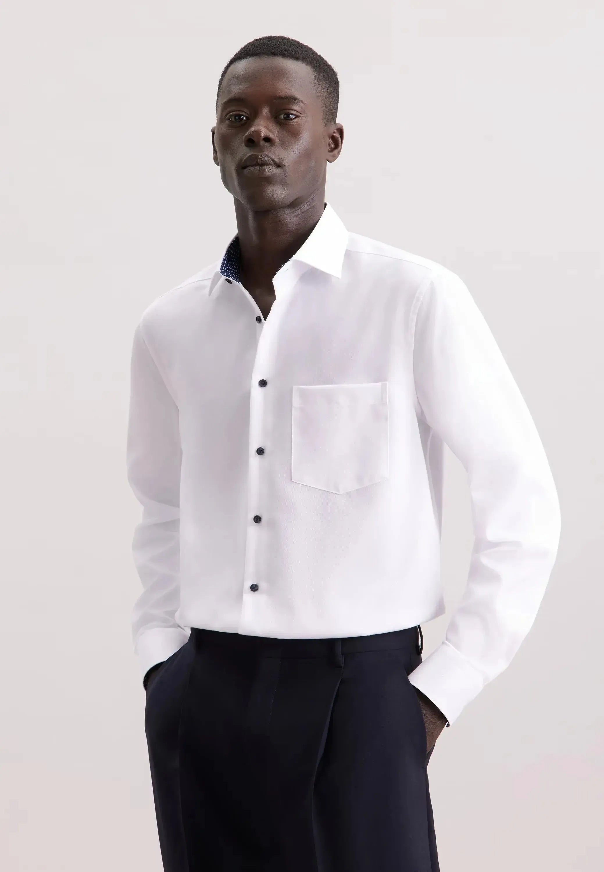 Regular Fit No Iron Contrast Kent Collar Business Shirt White-seidensticker uk
