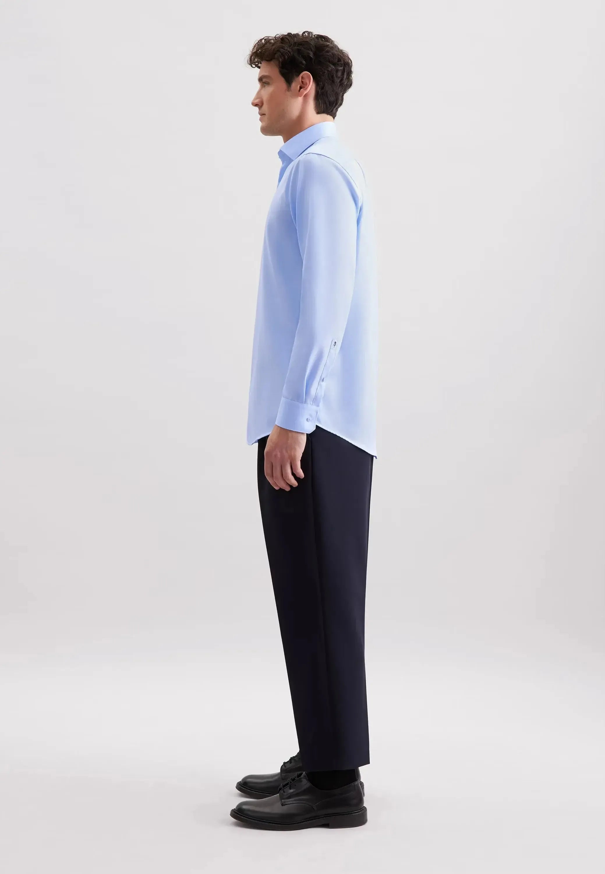 Regular Fit No Iron Contrast Patched Kent Collar Business Shirt Light Blue-seidensticker uk