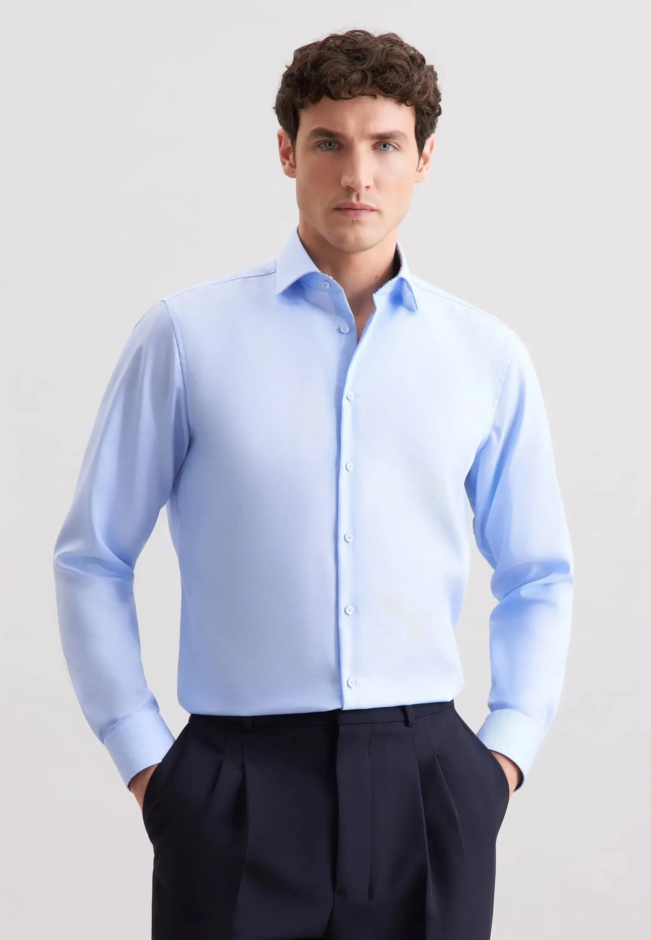 Regular Fit No Iron Contrast Patched Kent Collar Business Shirt Light Blue-seidensticker uk