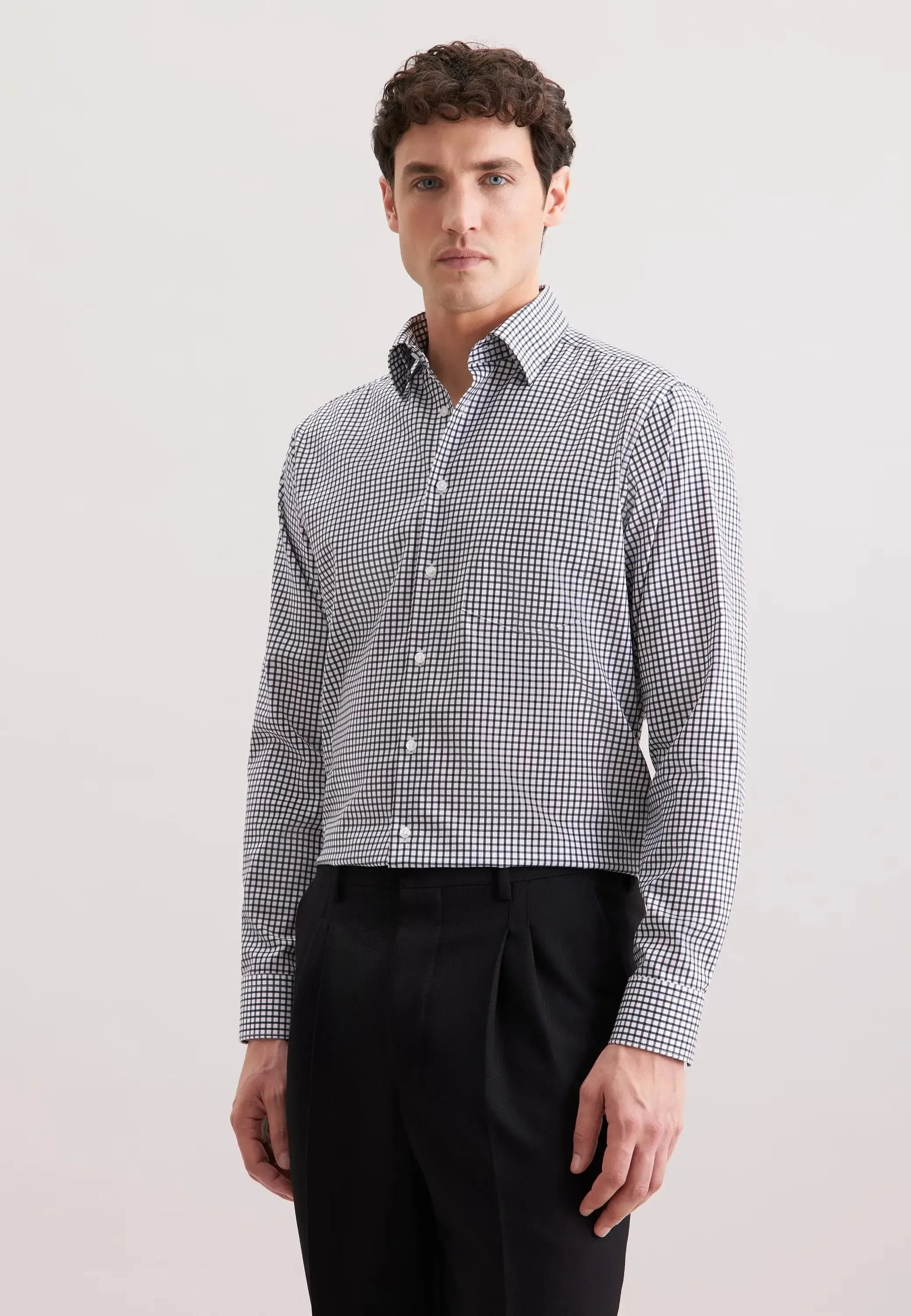 Regular Fit No Iron Covered Button Down Check Business Shirt Dark Blue-seidensticker uk