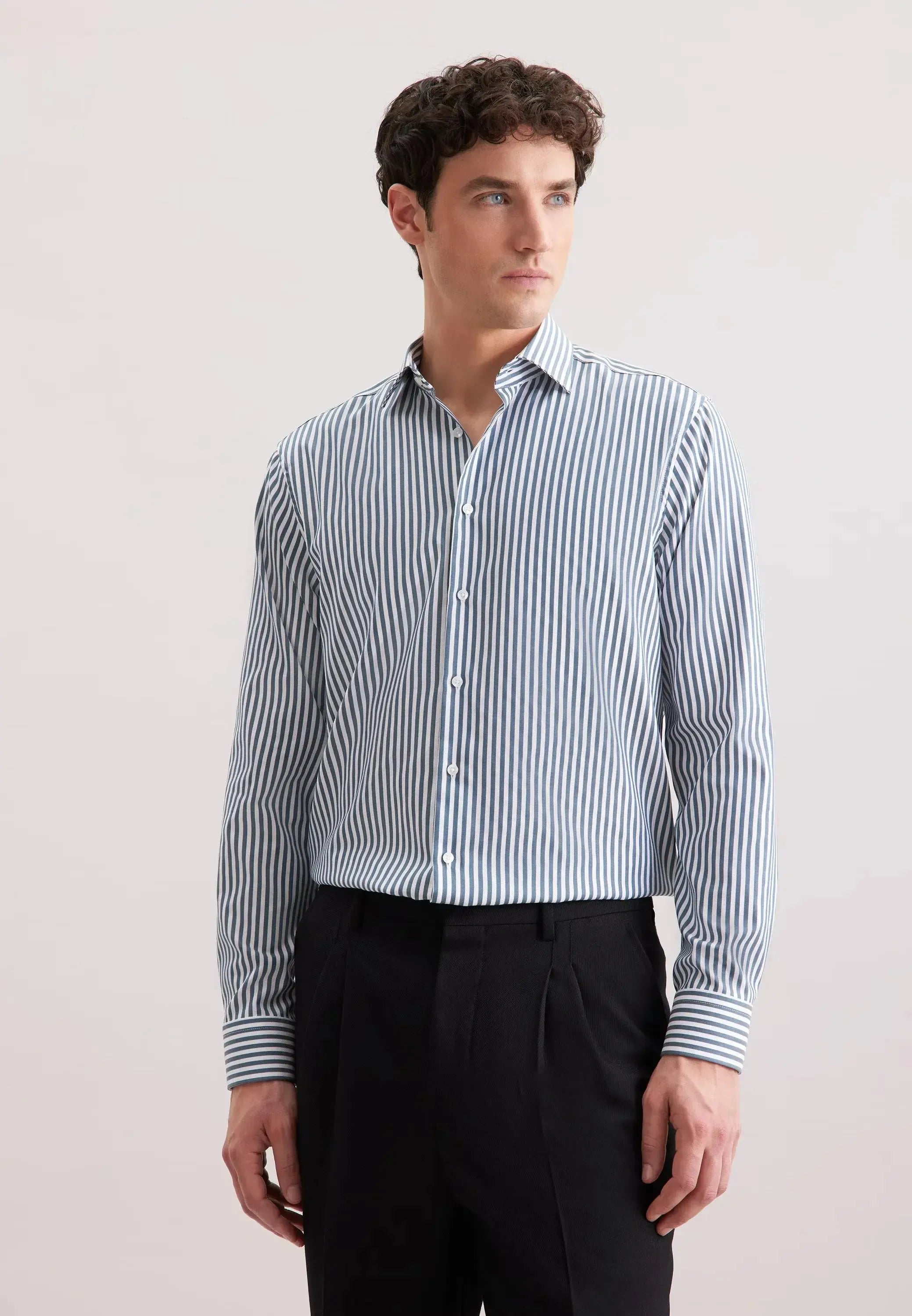 Regular Fit No Iron New Kent Striped Business Shirt Dark Teal-seidensticker uk